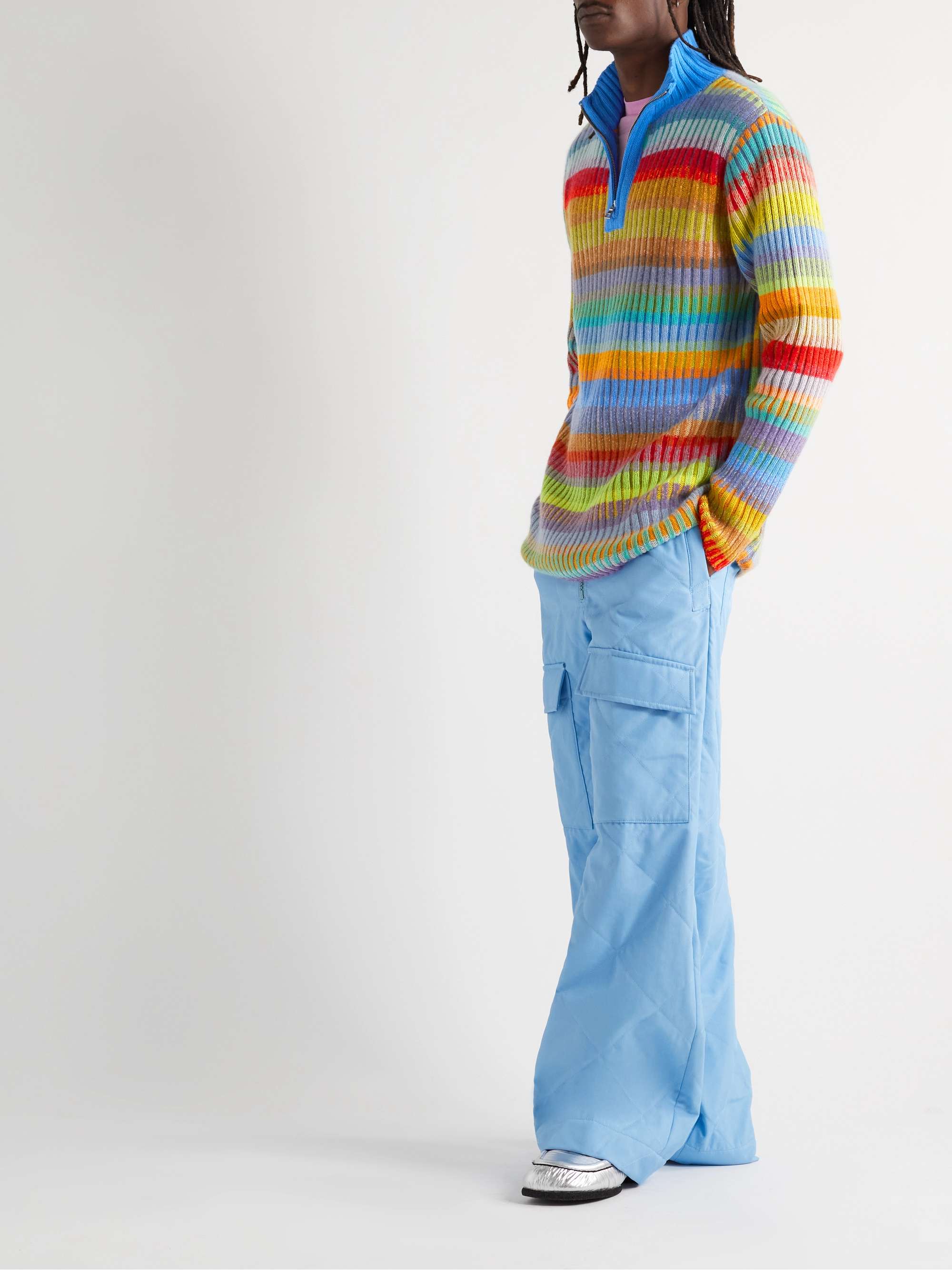THE ELDER STATESMAN Jolly Ribbed Striped Cashmere Half-Zip Sweater