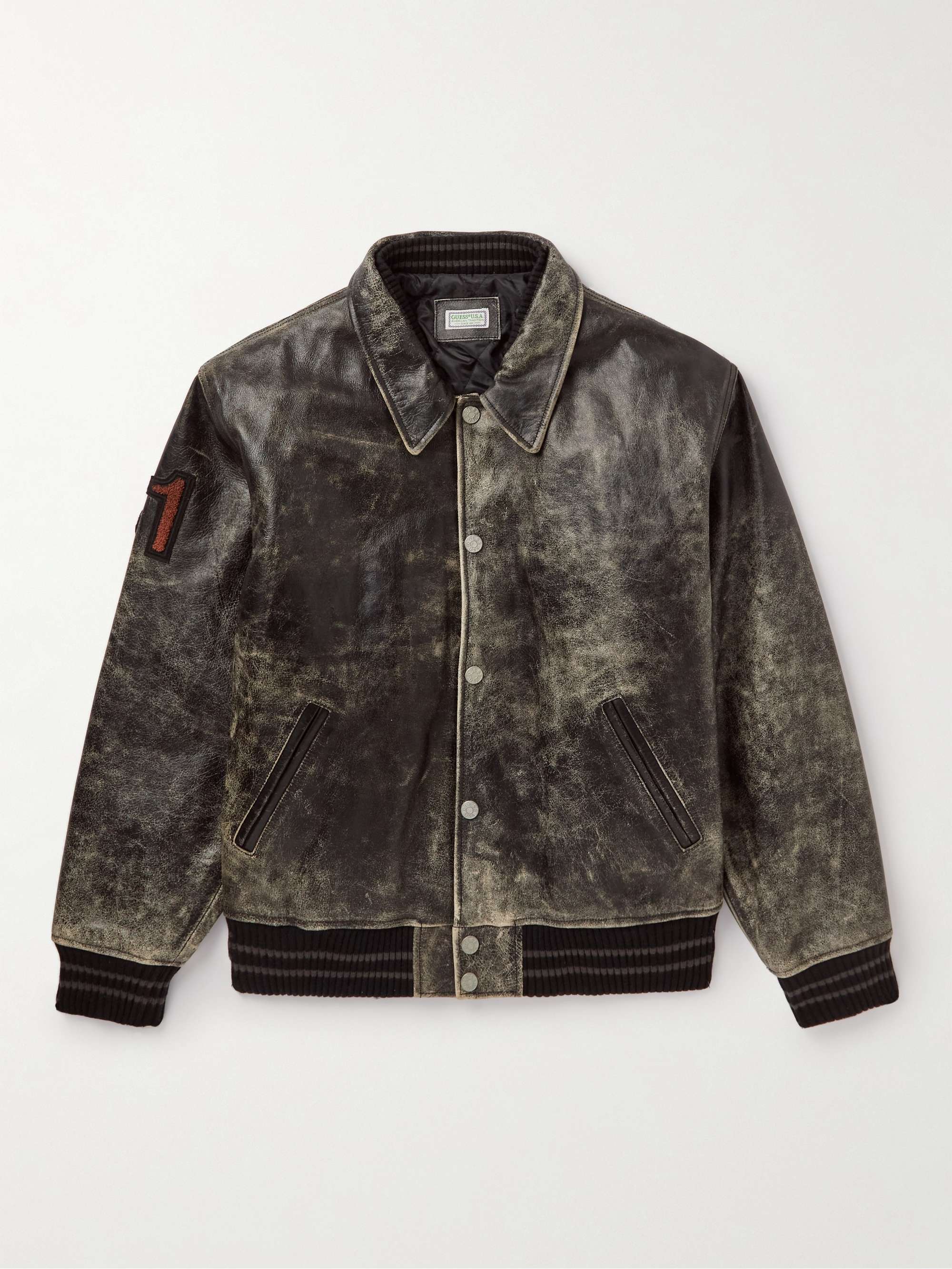 GUESS USA Appliquéd Distressed Leather Varsity Jacket for Men | MR