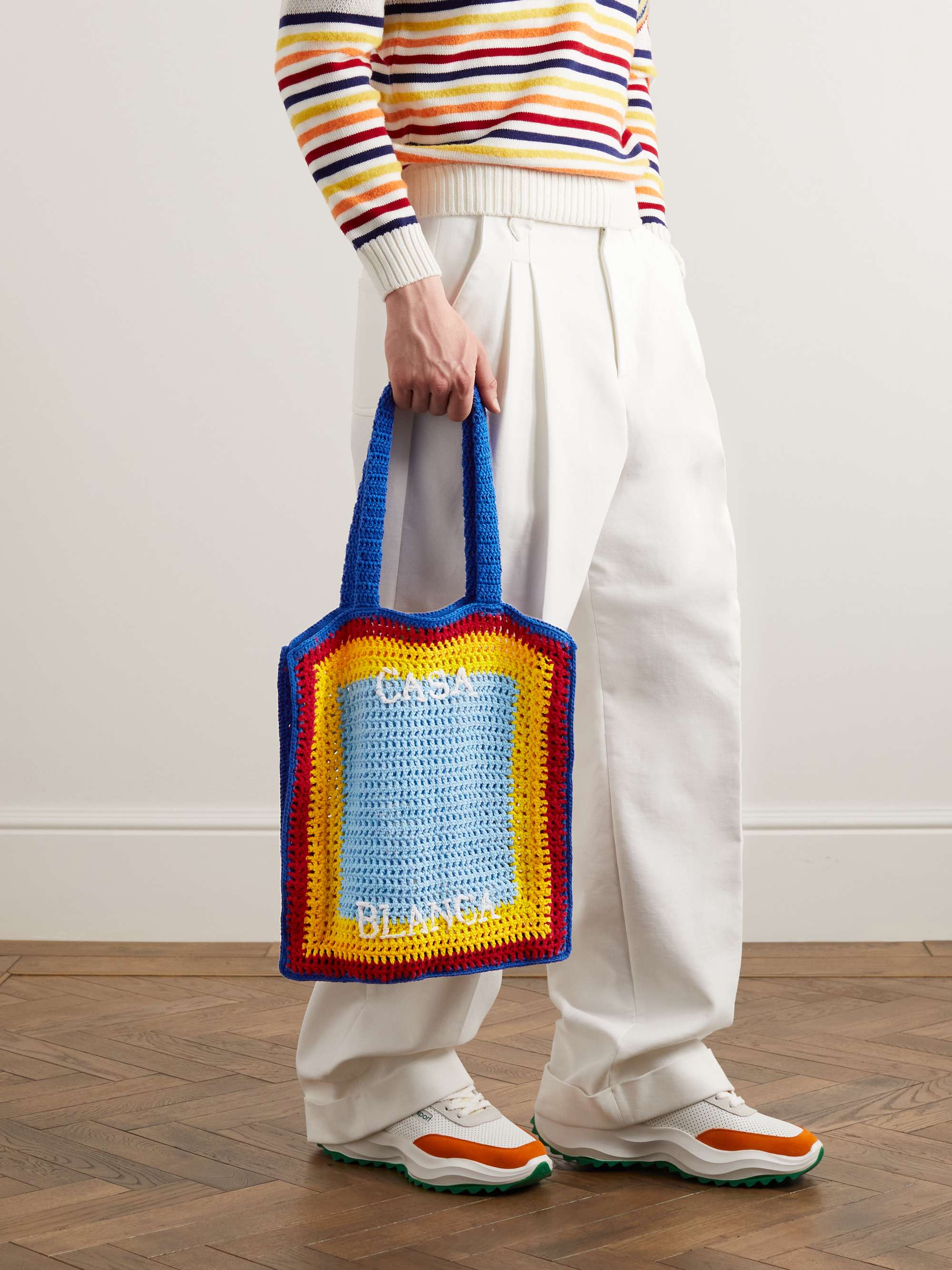 CASABLANCA Arch Logo-Embroidered Colour-Block Crocheted Cotton Tote Bag