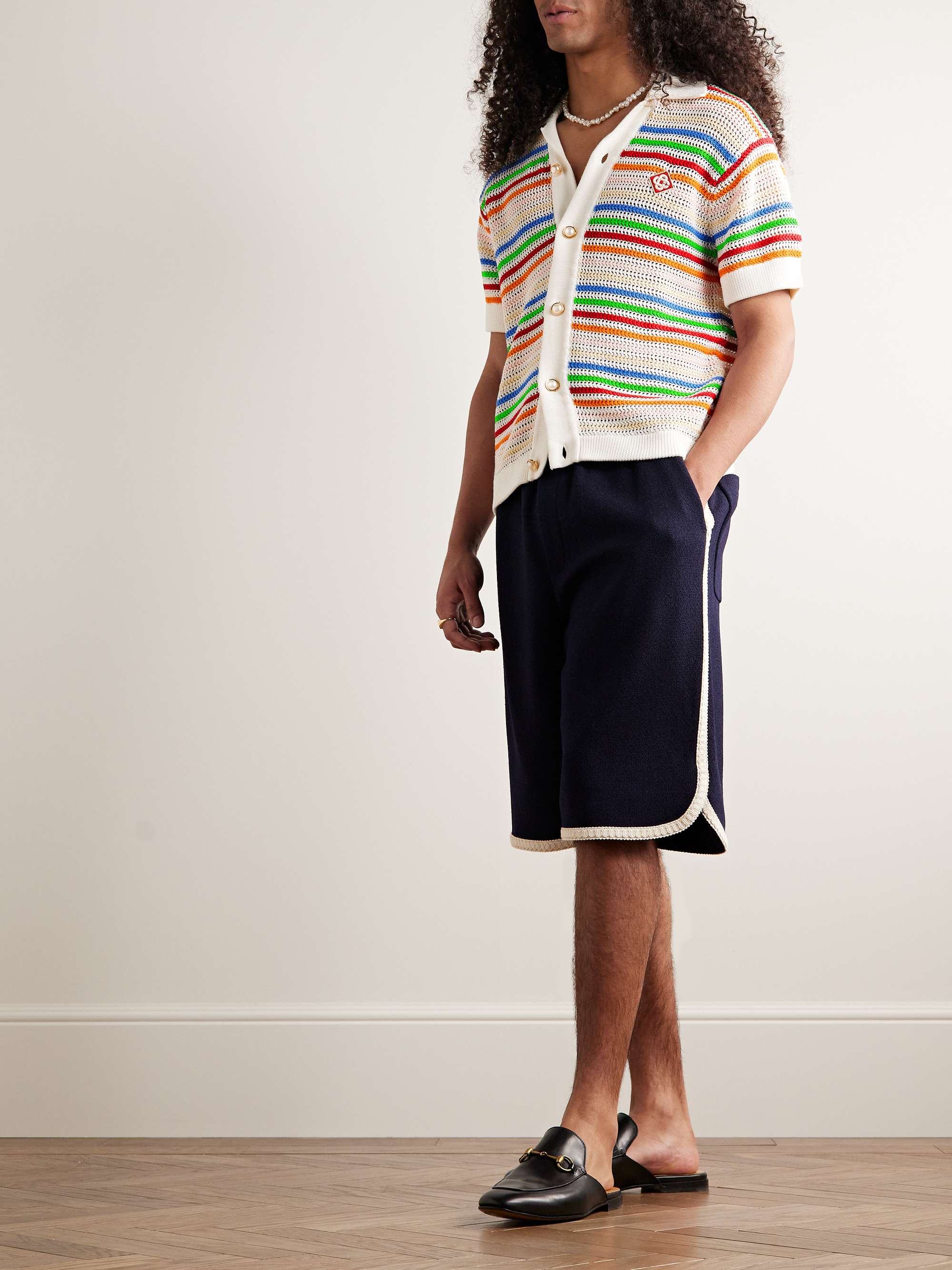 CASABLANCA Logo-Appliquéd Striped Crocheted Cotton Shirt