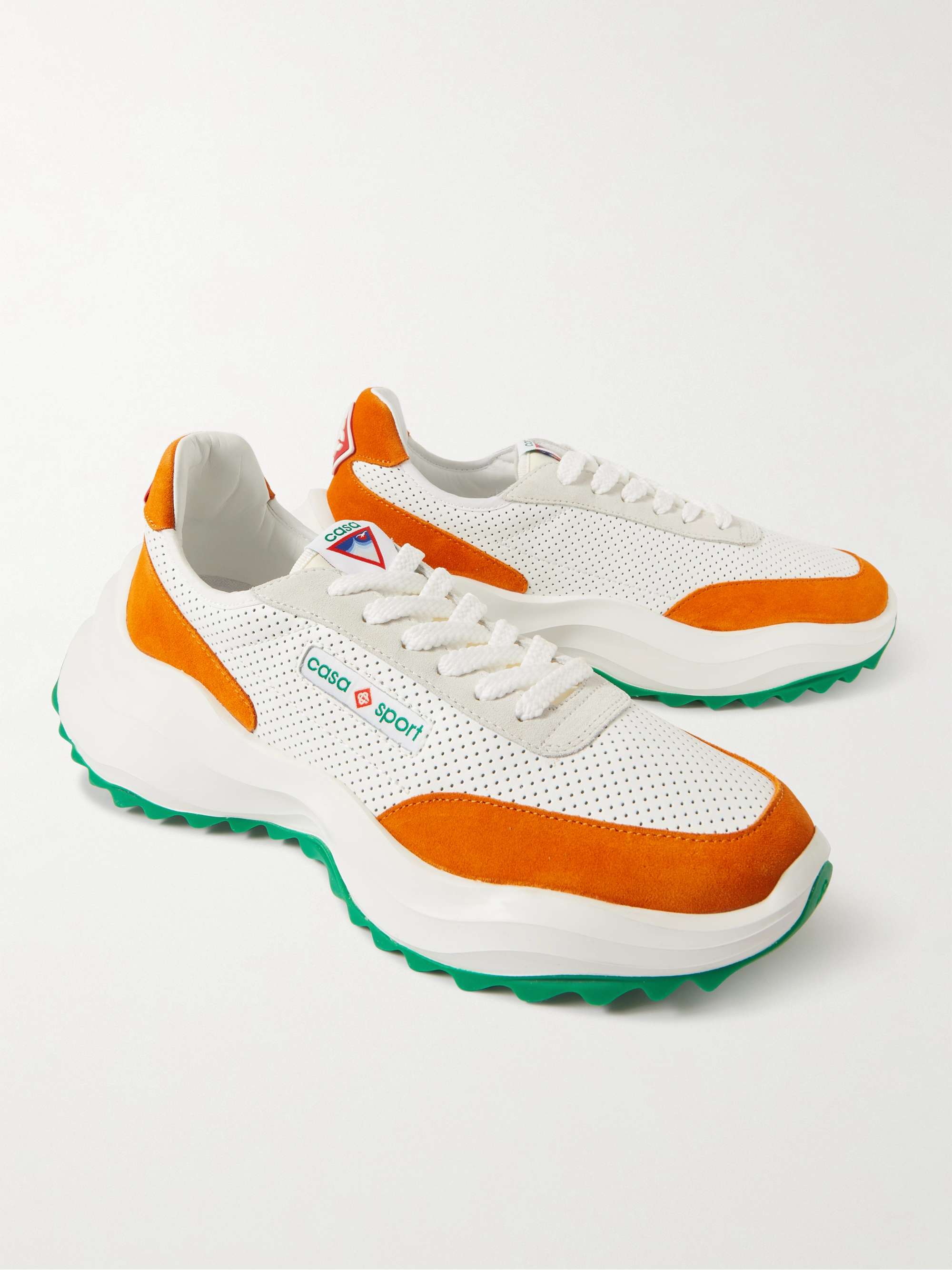 CASABLANCA Atlantis Suede-Trimmed Perforated Leather Sneakers