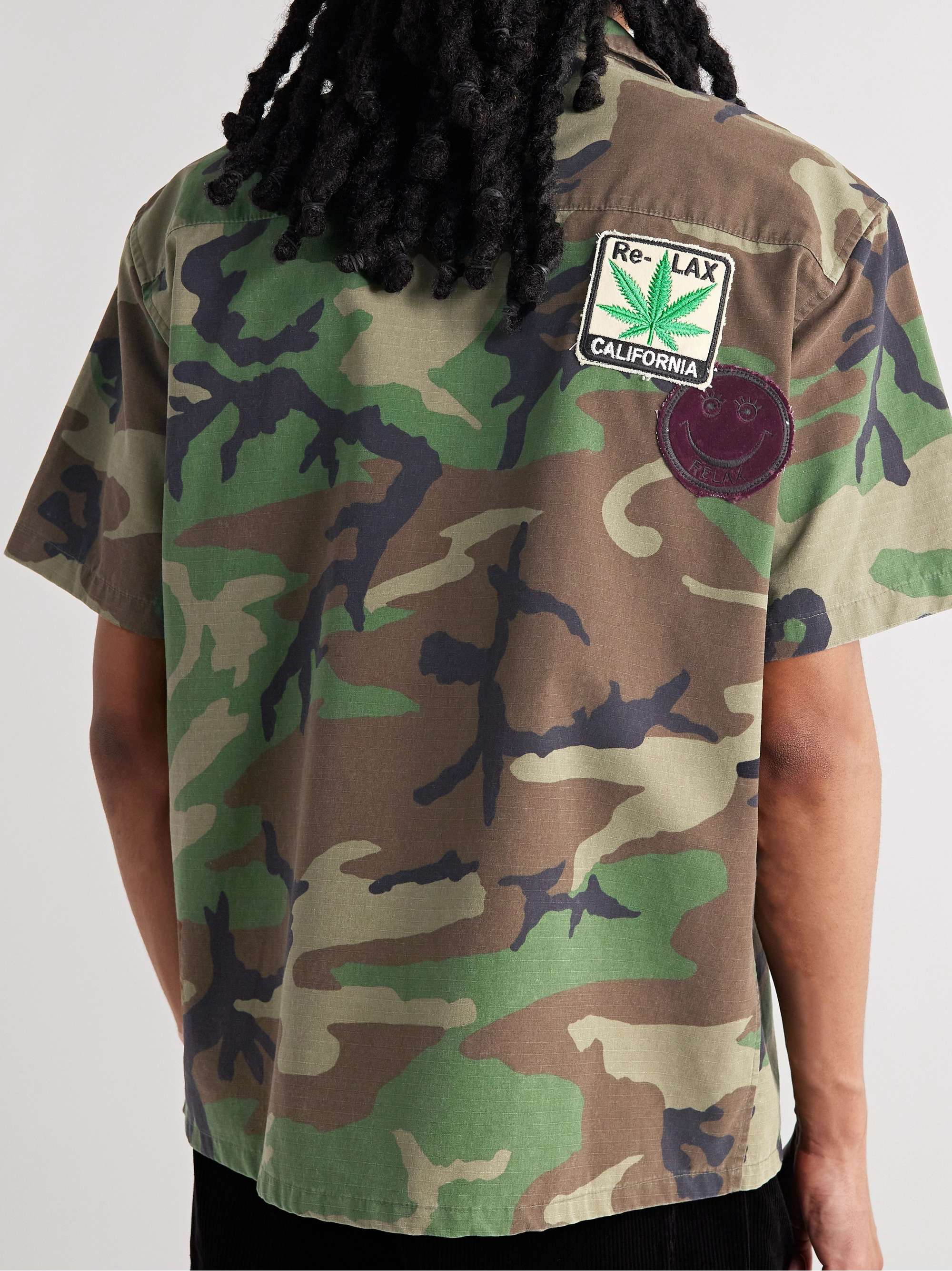 LES TIEN Camp-Collar Appliquéd Camouflage-Print Cotton-Ripstop Shirt