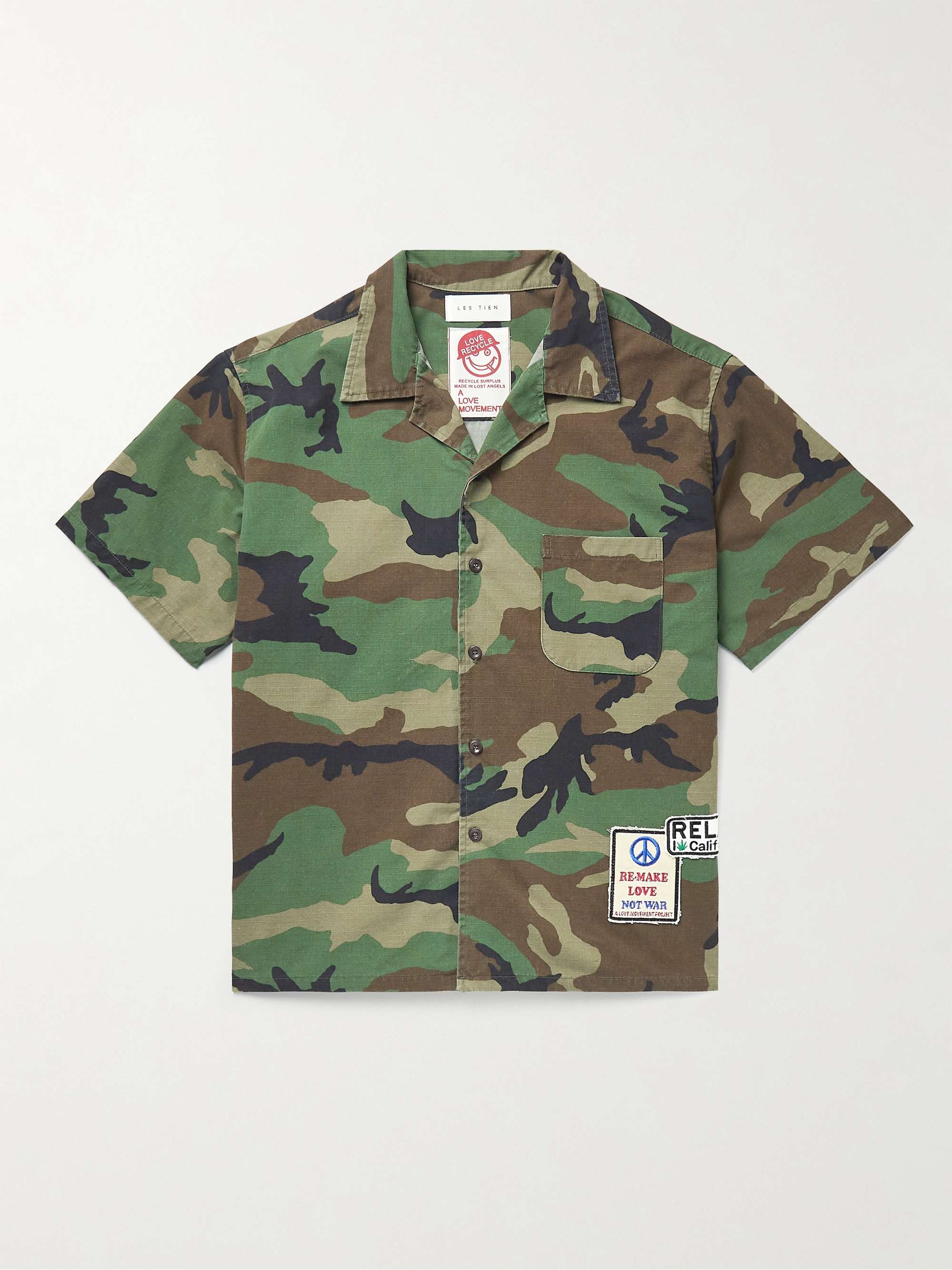 Army green Camp-Collar Appliquéd Camouflage-Print Cotton-Ripstop 