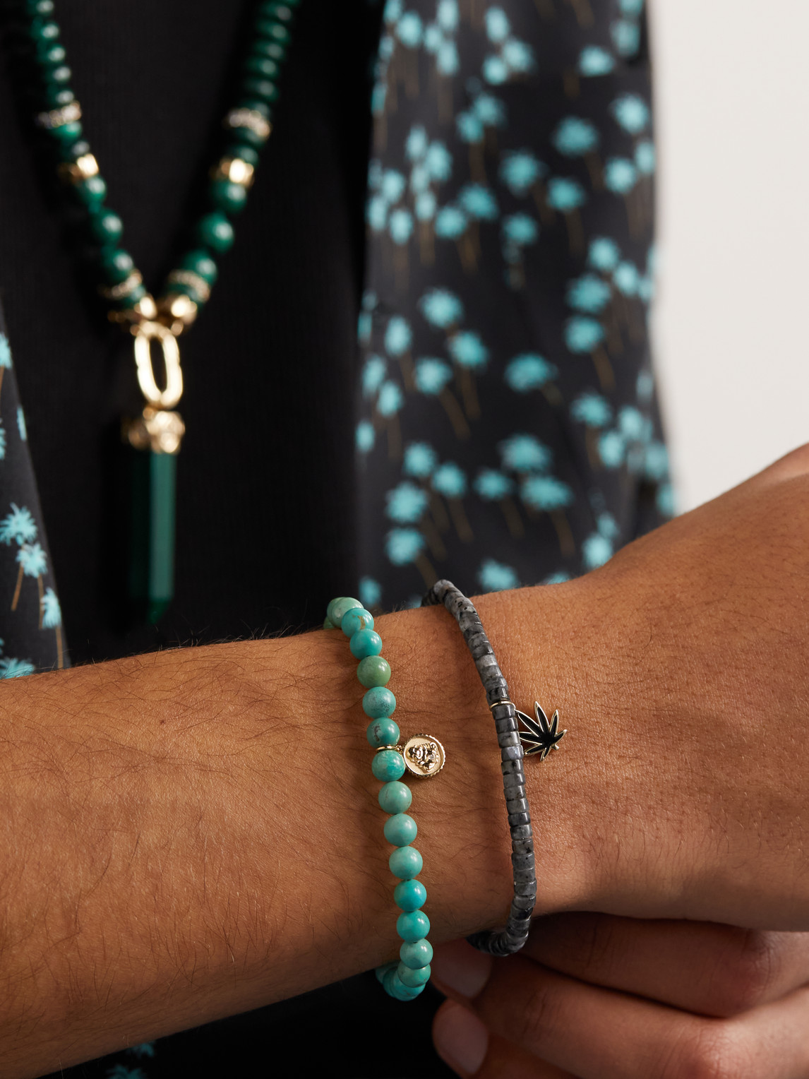 Sydney Evan Gold, Enamel And Larvikite Beaded Bracelet In Green