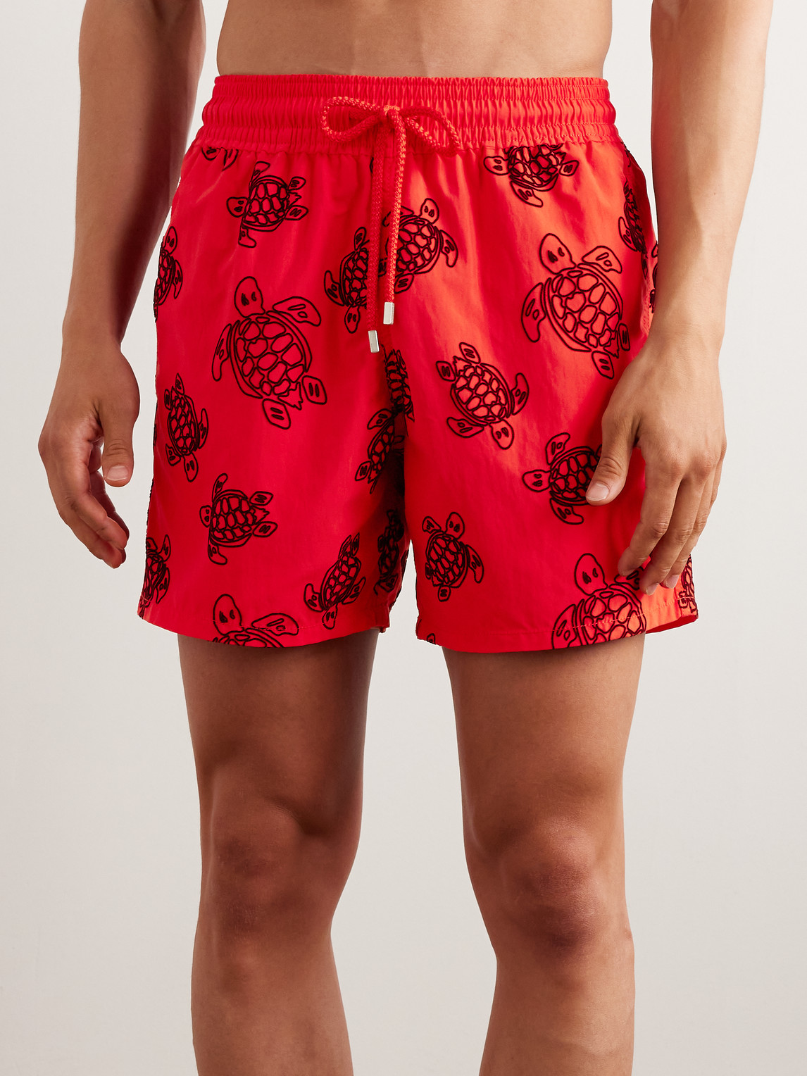 Shop Vilebrequin Moorea Straight-leg Mid-length Flocked Recycled Swim Shorts In Red