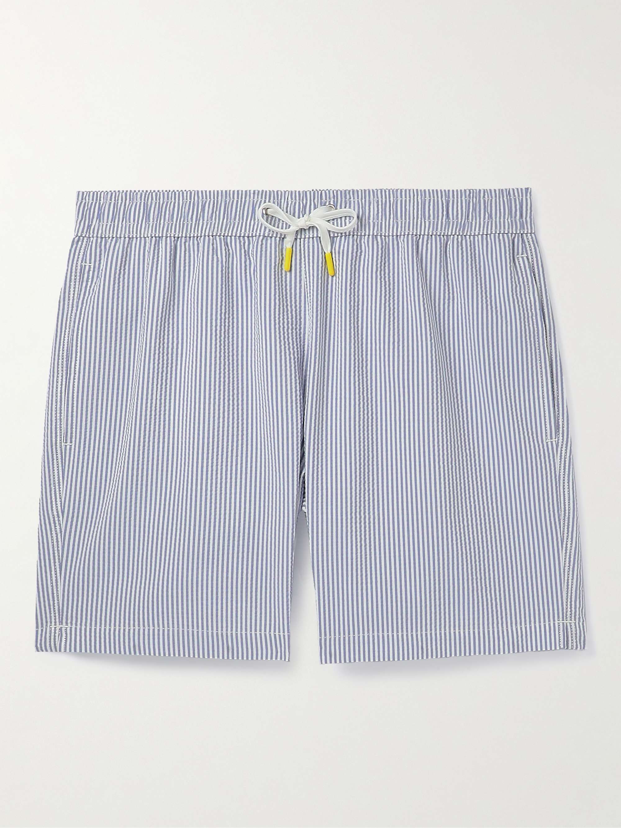 Straight-Leg Mid-Length Striped Seersucker Swim Shorts