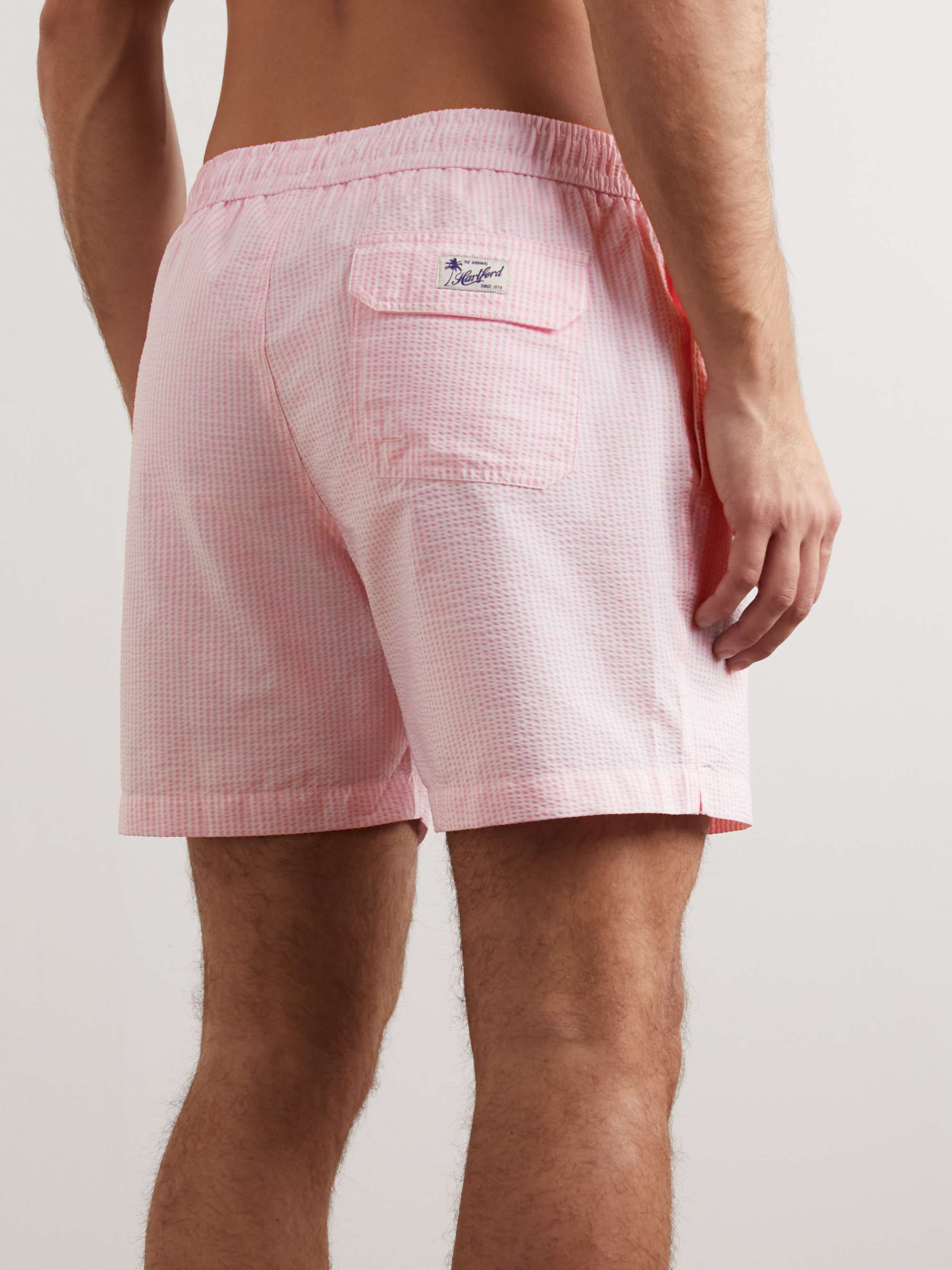 HARTFORD Straight-Leg Mid-Length Striped Seersucker Swim Shorts