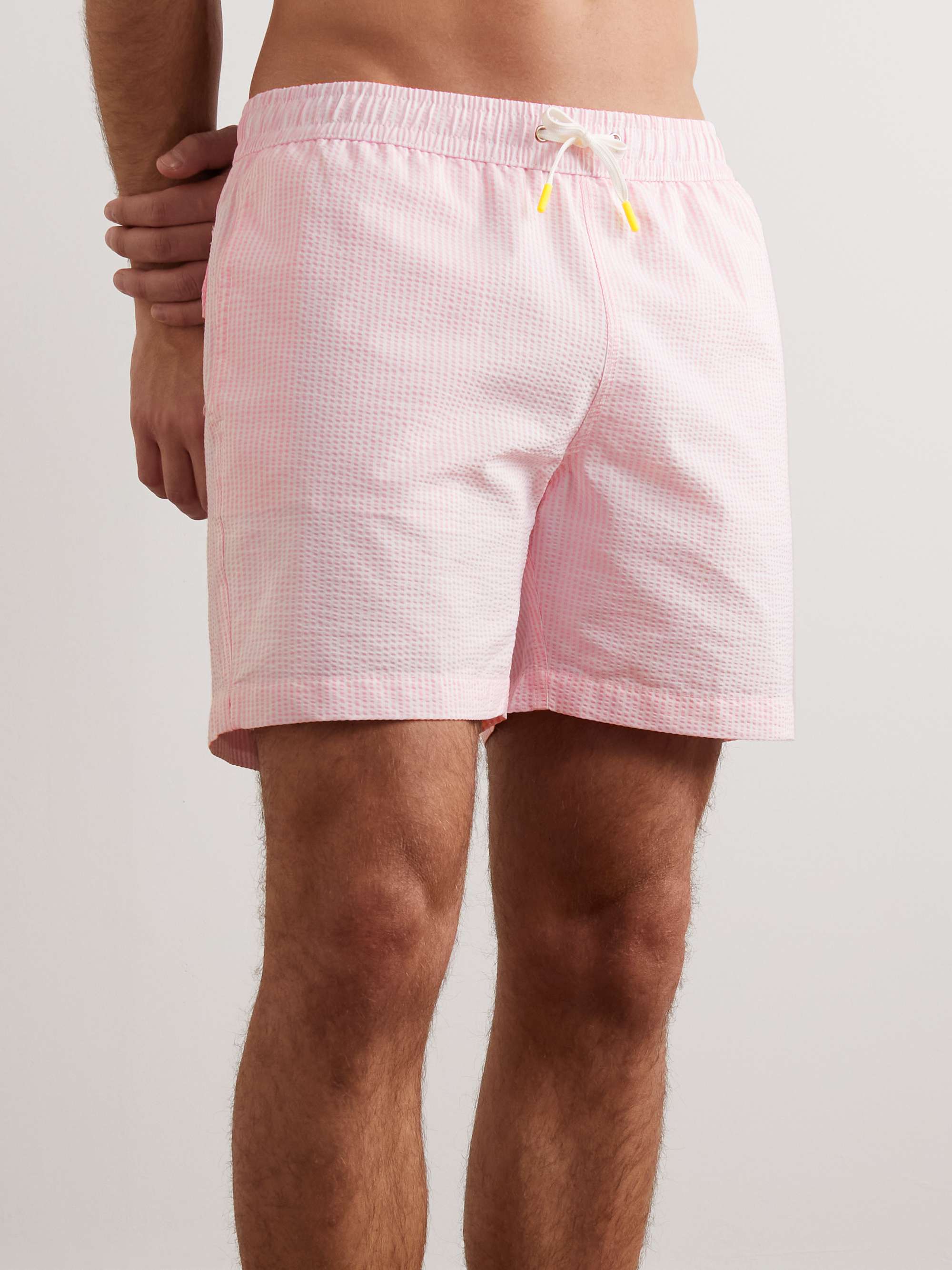 HARTFORD Straight-Leg Mid-Length Striped Seersucker Swim Shorts