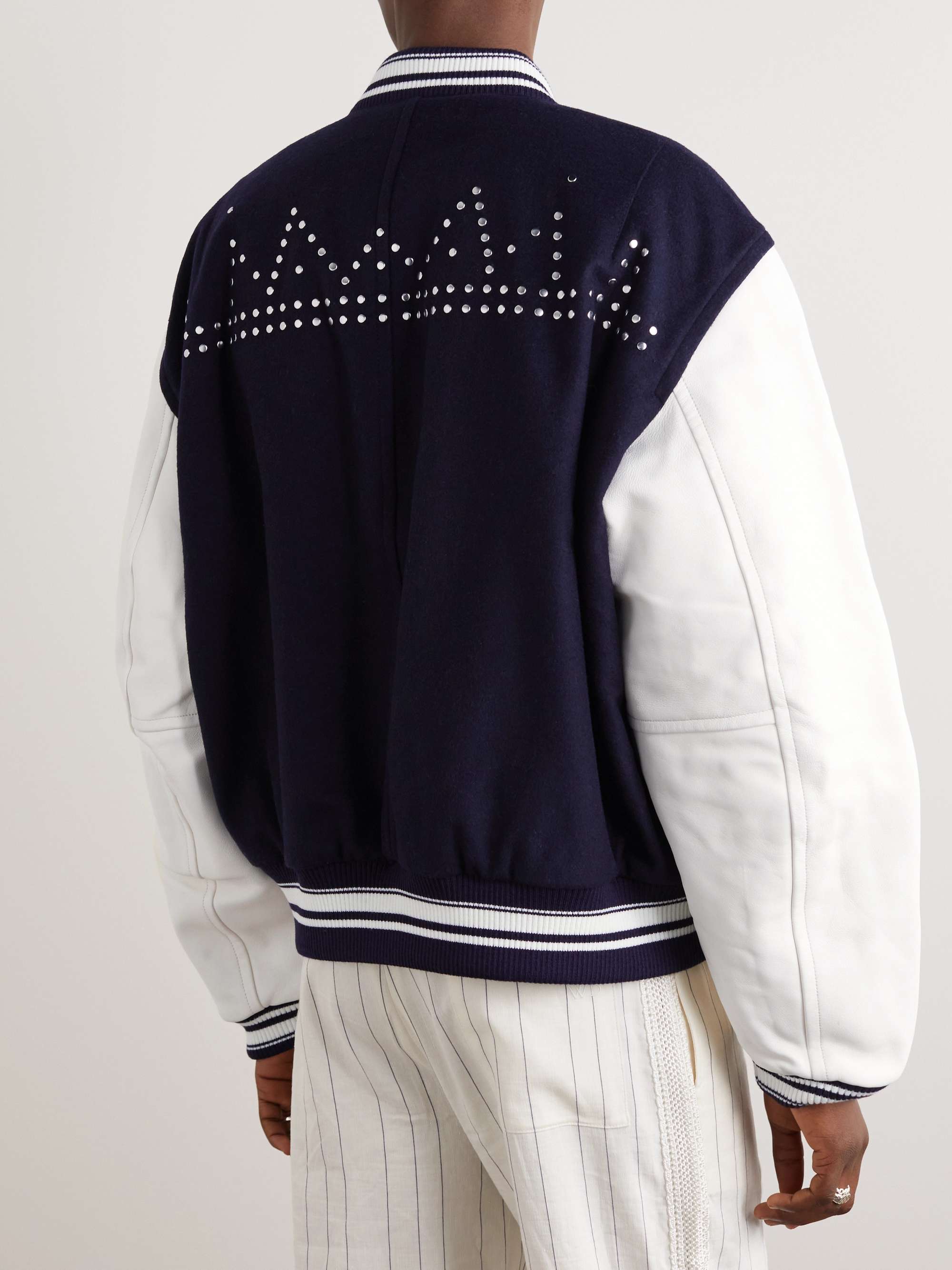 WALES BONNER Appliquéd Studded Wool-Blend and Leather Varsity Jacket