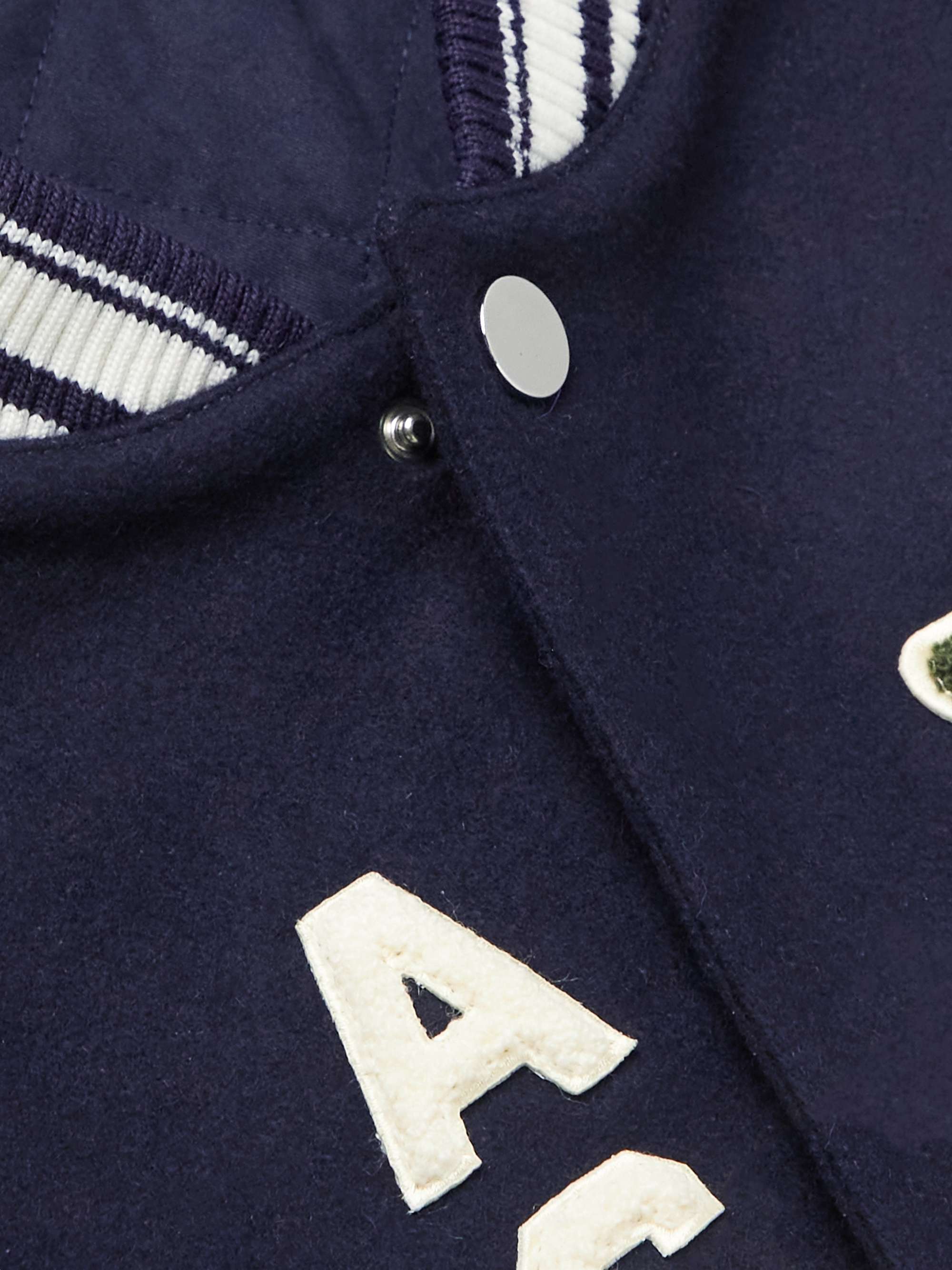 WALES BONNER Appliquéd Studded Wool-Blend and Leather Varsity Jacket