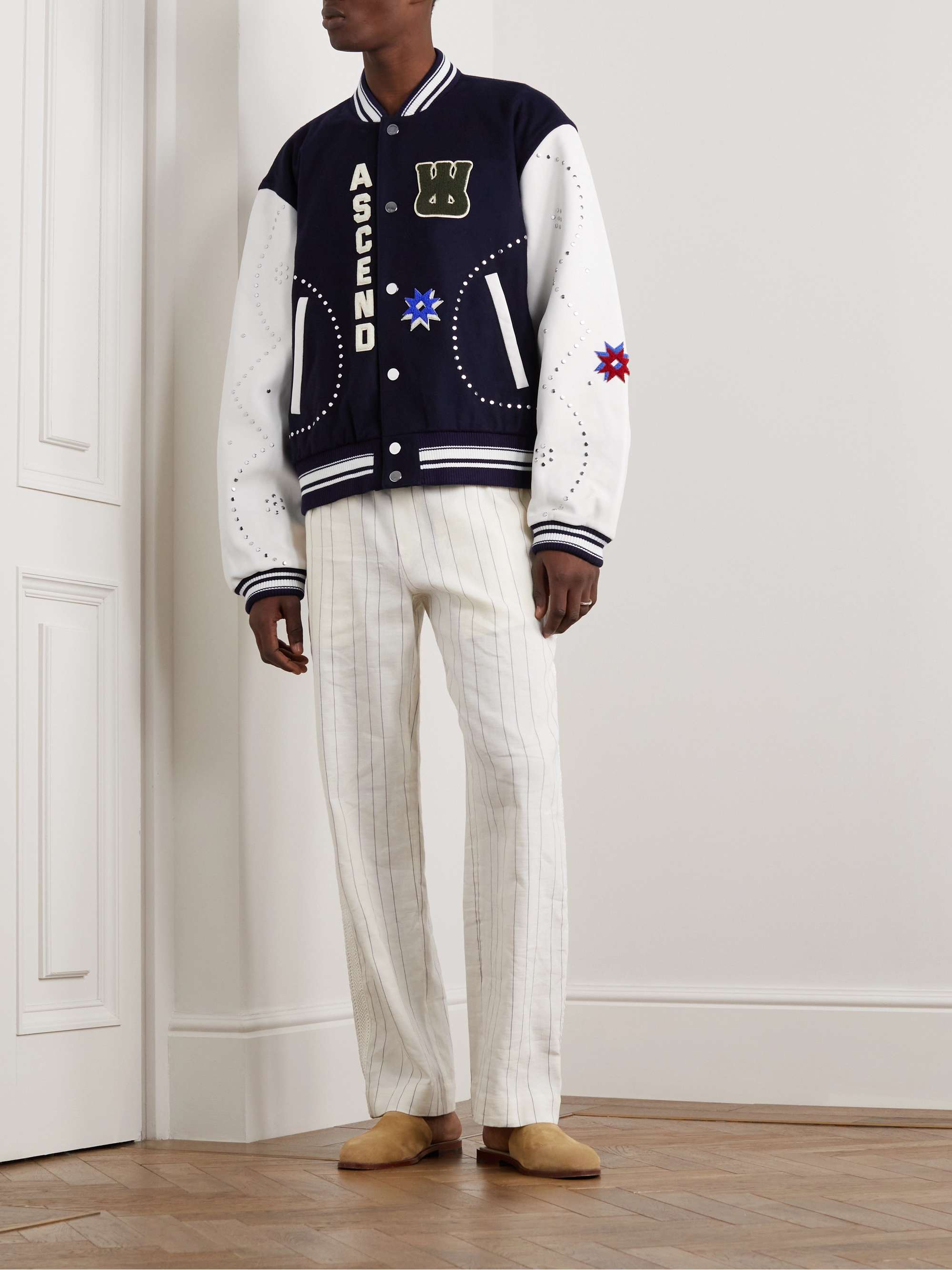 WALES BONNER Appliquéd Studded Wool-Blend and Leather Varsity Jacket