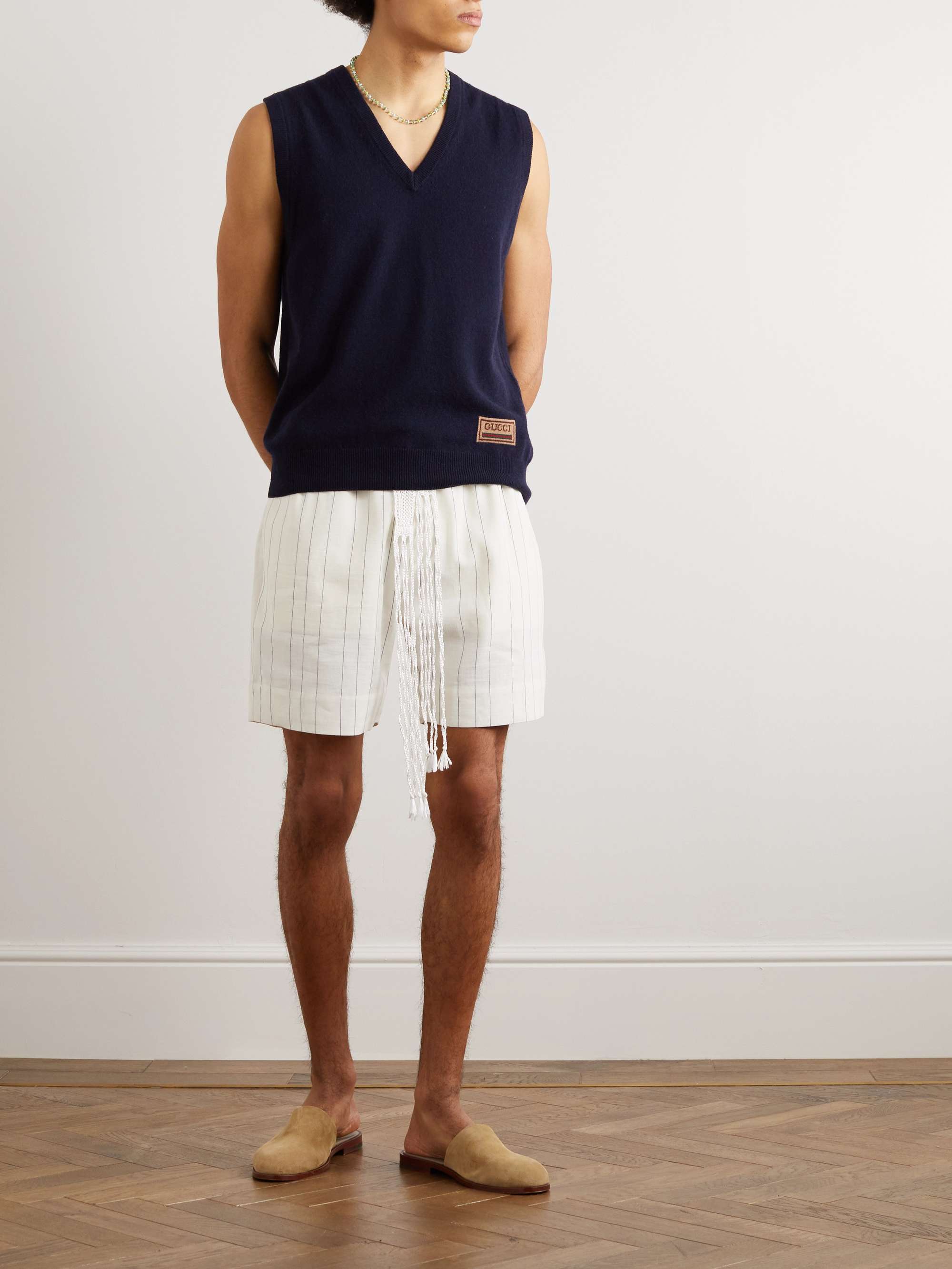 WALES BONNER Straight-Leg Striped Linen and Cotton-Blend Drawstring Shorts