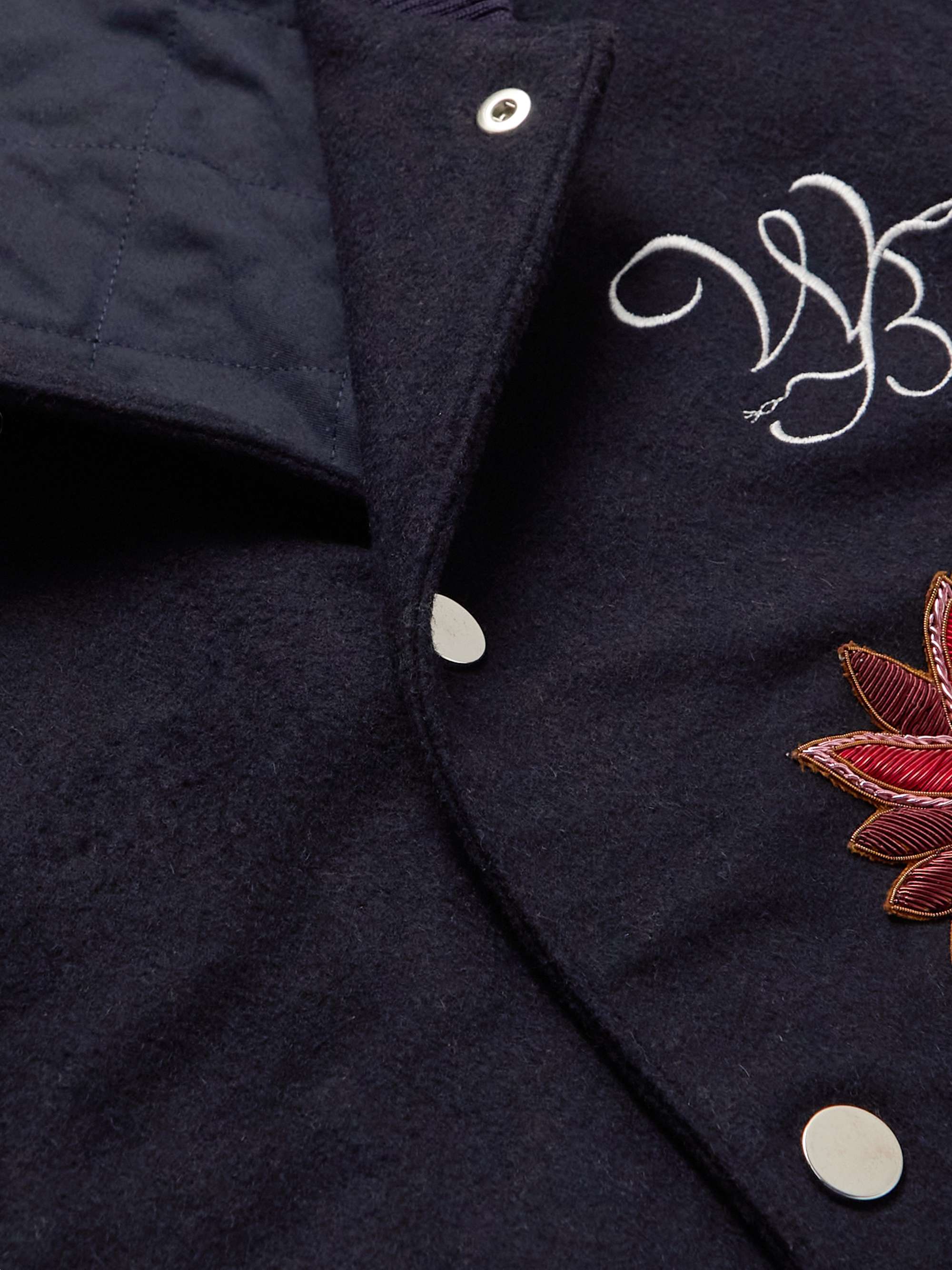 WALES BONNER Patchwork Padded Wool-Blend and Leather Varsity Jacket