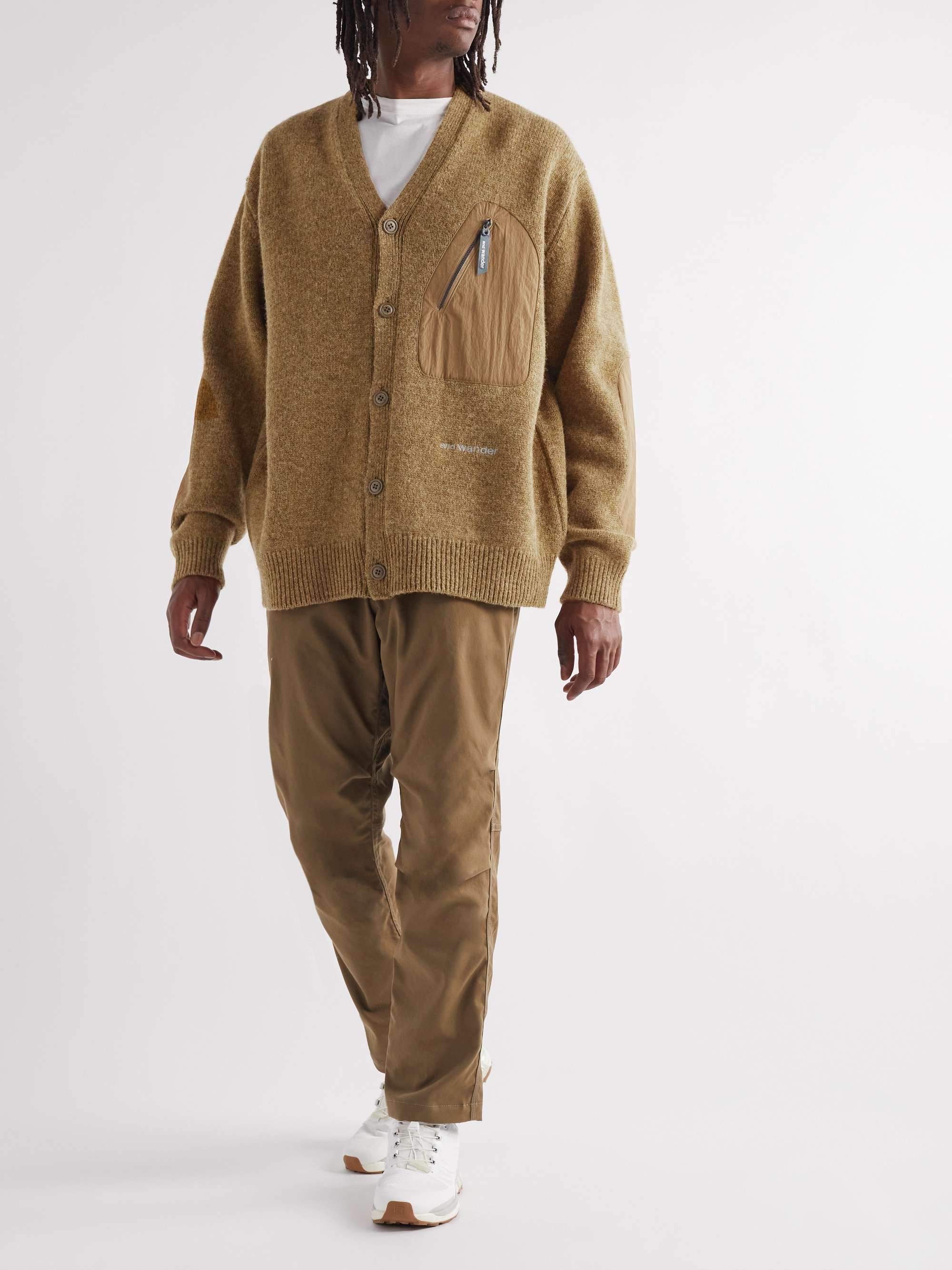 AND WANDER Logo-Embroidered Shell-Trimmed Shetland Wool Cardigan