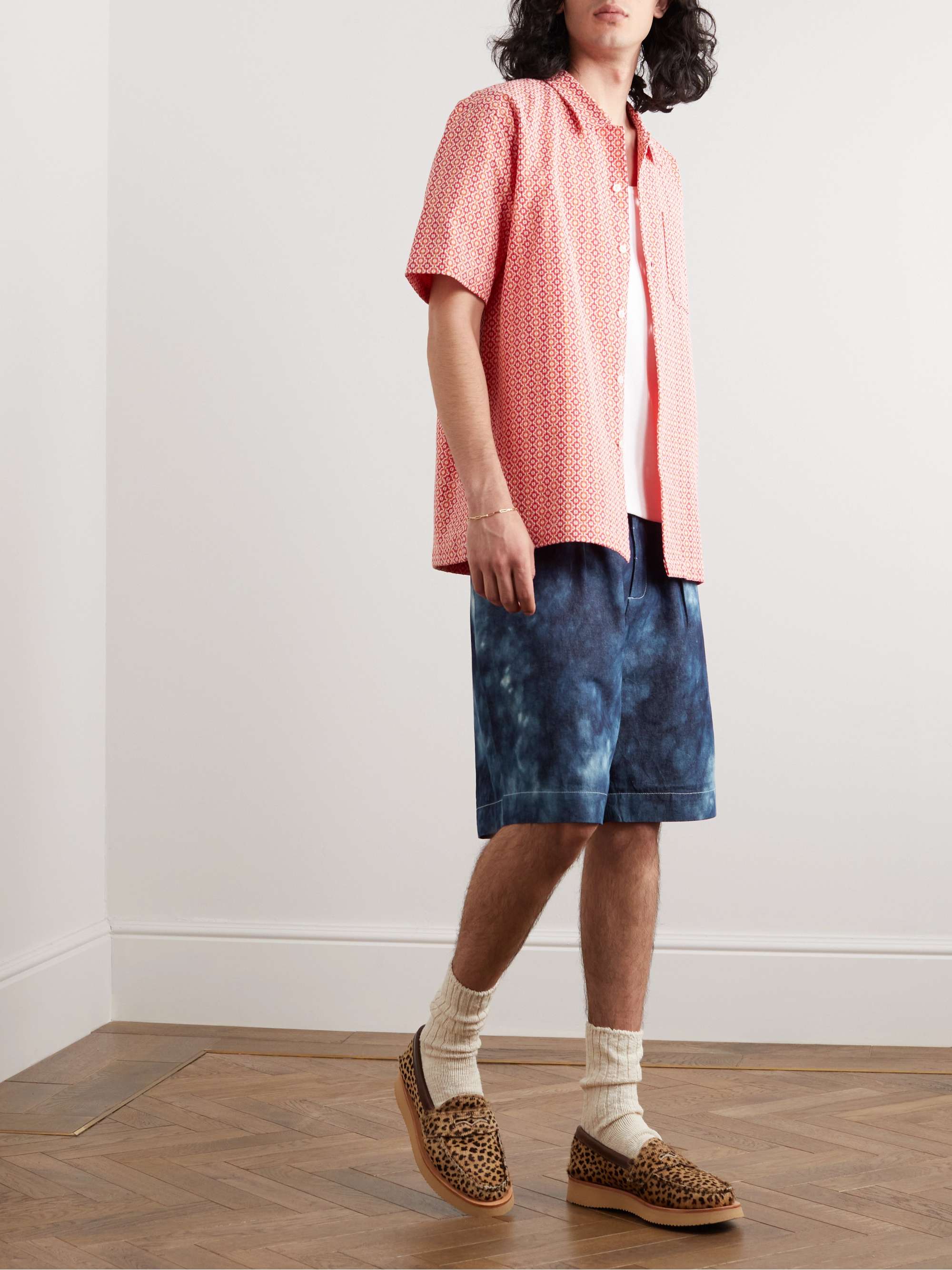 UNIVERSAL WORKS Wide-Leg Pleated Tie-Dyed Denim Shorts | MR PORTER