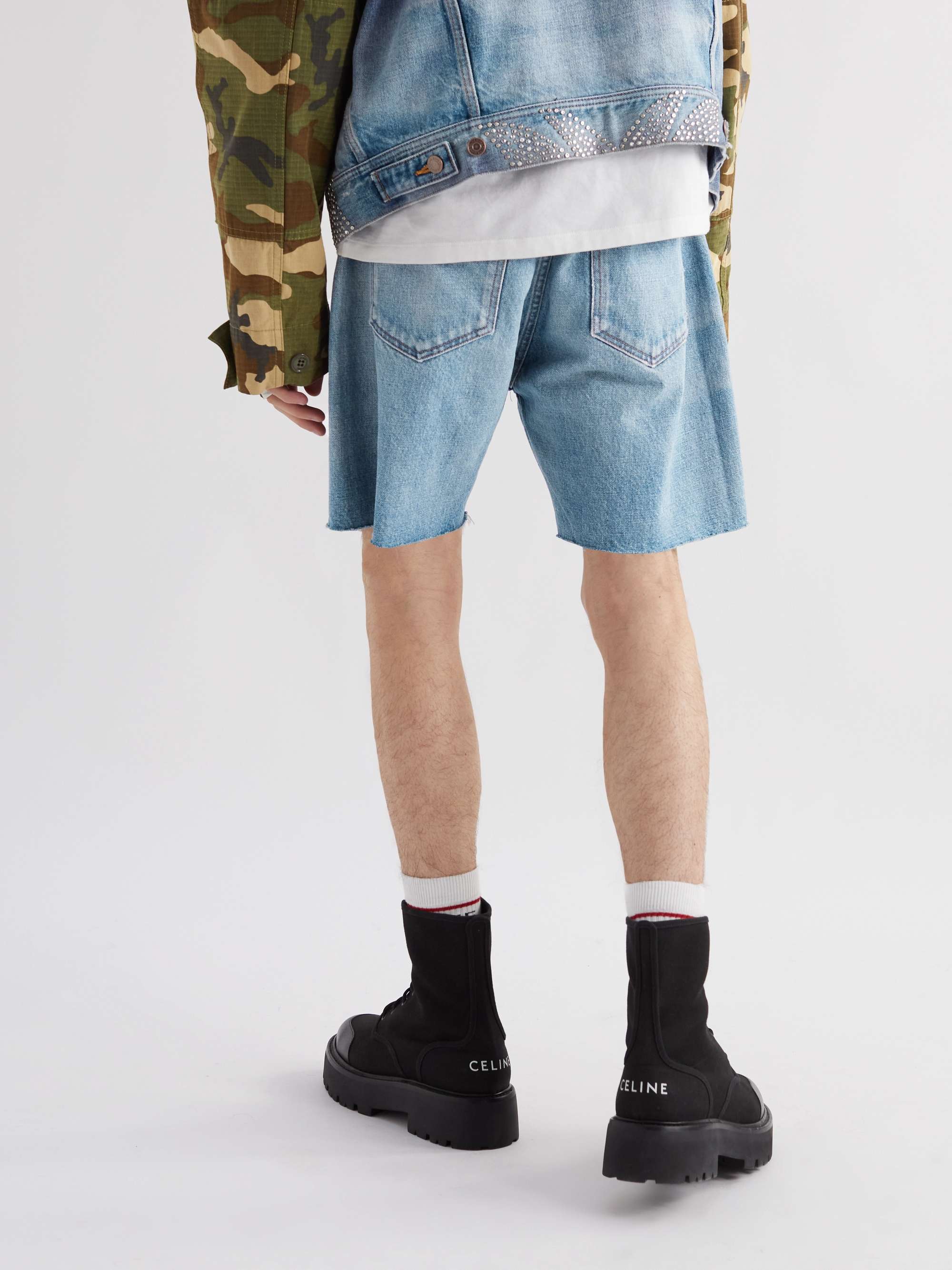 CELINE HOMME Wesley Wide-Leg Distressed Denim Shorts