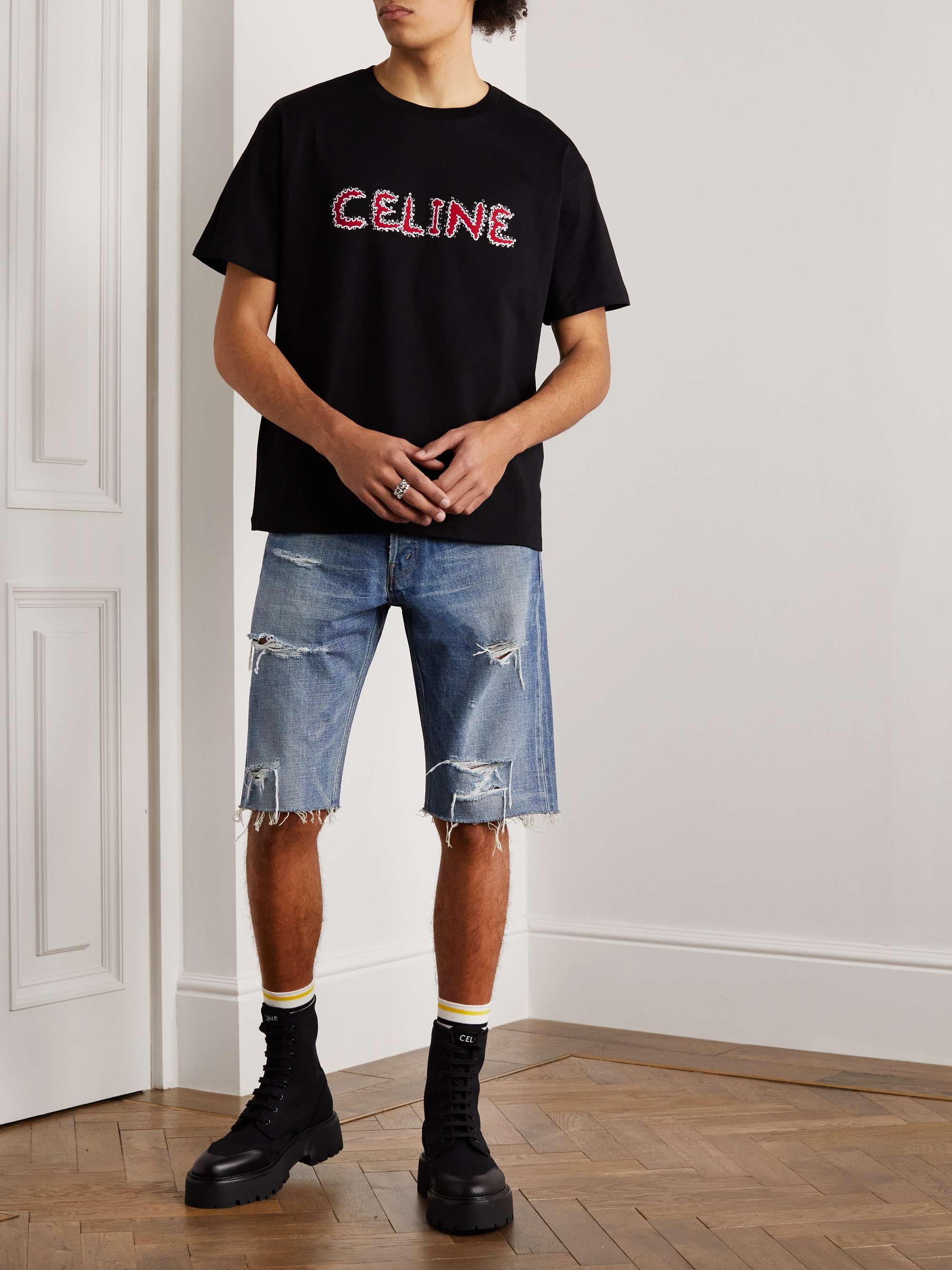 CELINE HOMME Logo-Print Embellished Cotton-Jersey T-Shirt
