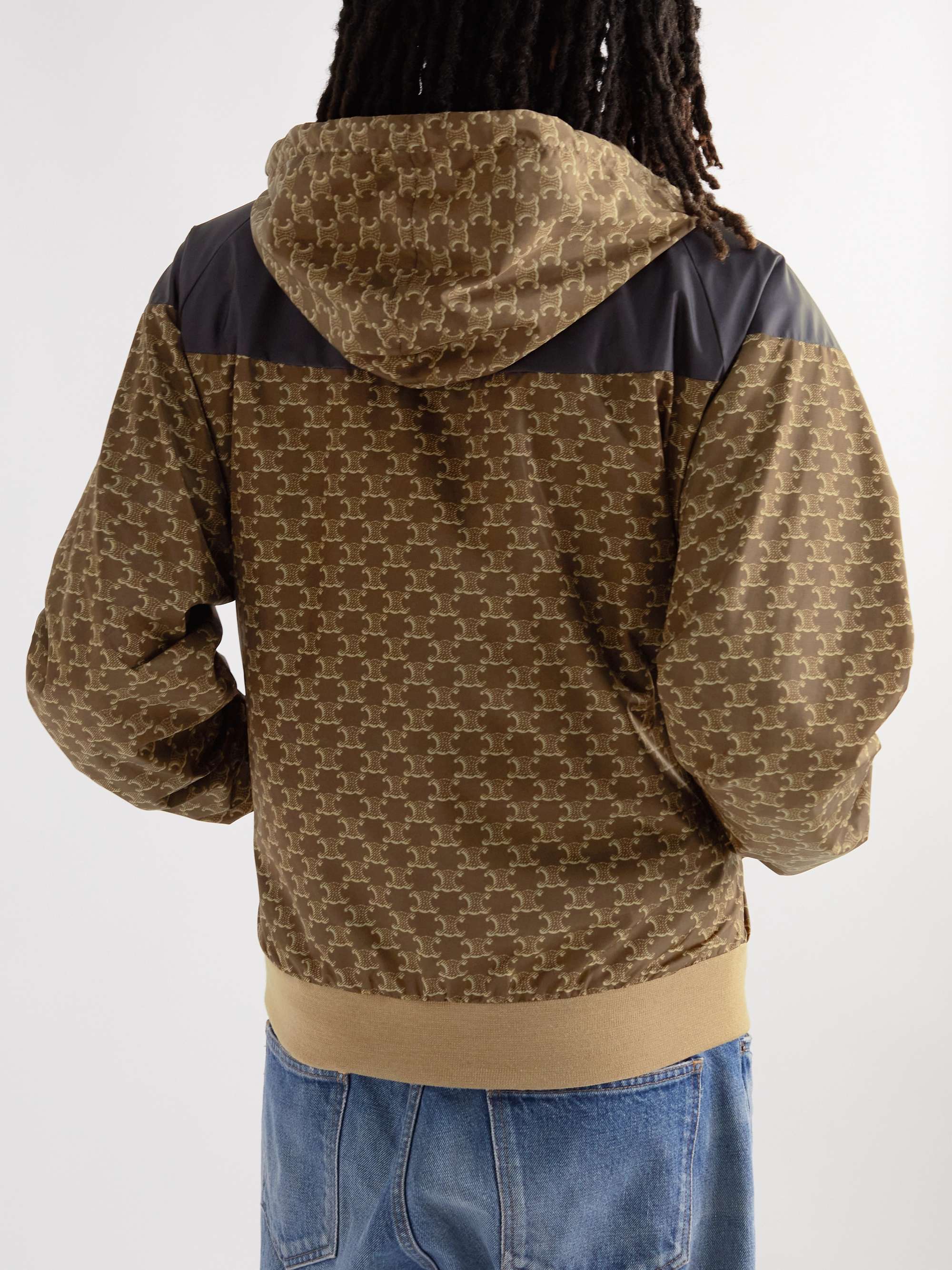 CELINE HOMME Triomphe Logo-Print Panelled Satin and Shell Hooded Track Jacket