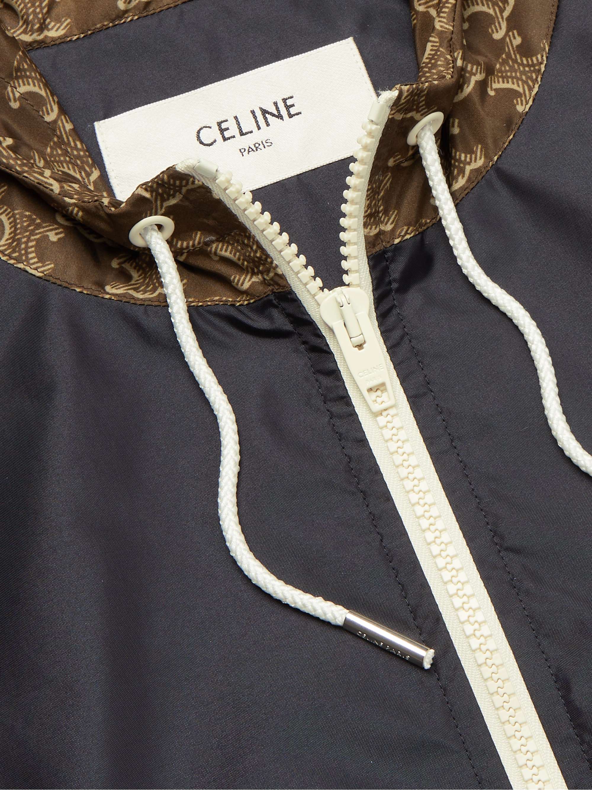 CELINE HOMME Triomphe Logo-Print Panelled Satin and Shell Hooded Track Jacket