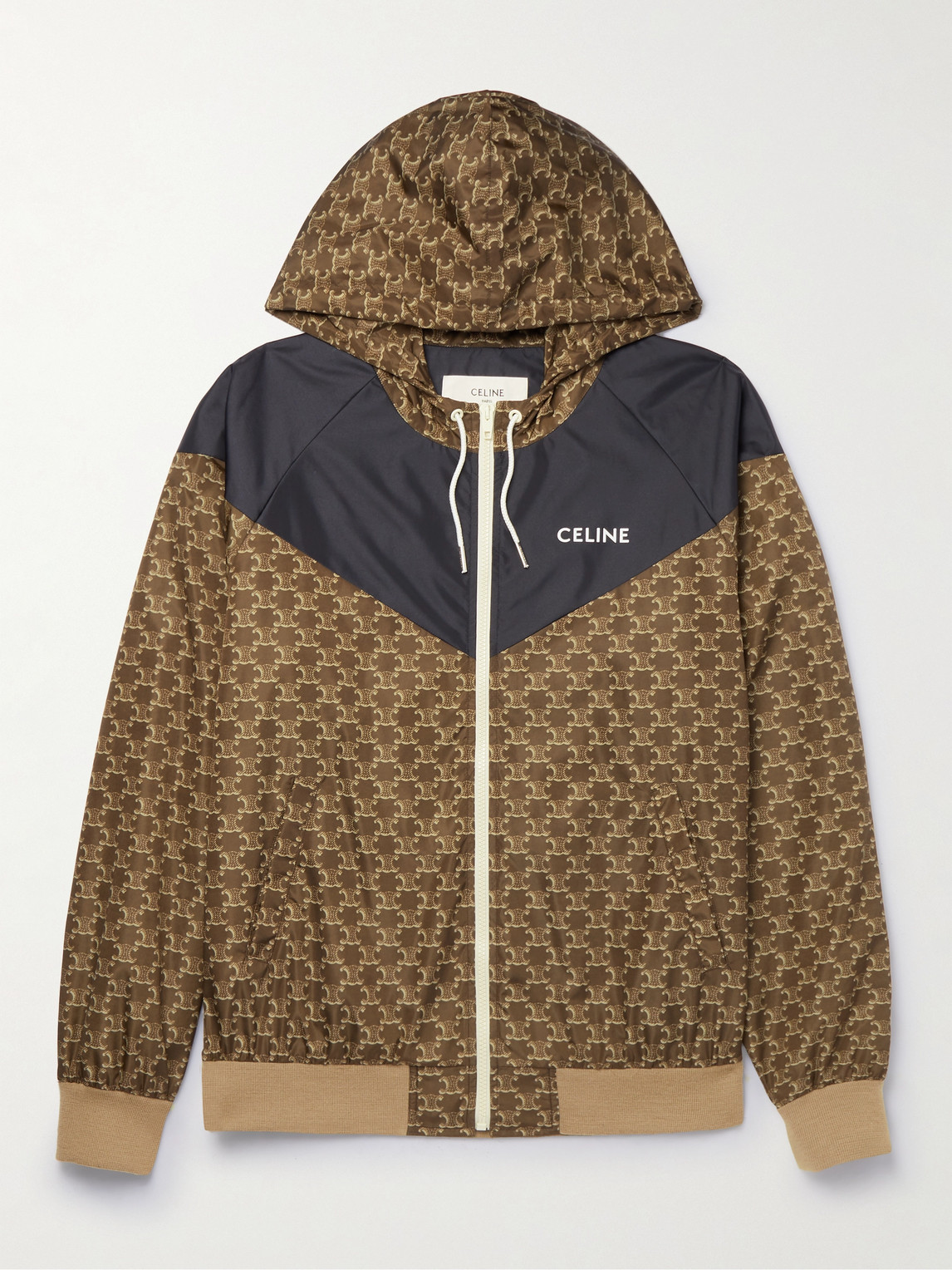 Celine Triomphe Logo-print Panelled Satin And Shell Hooded Track Jacket In Brown