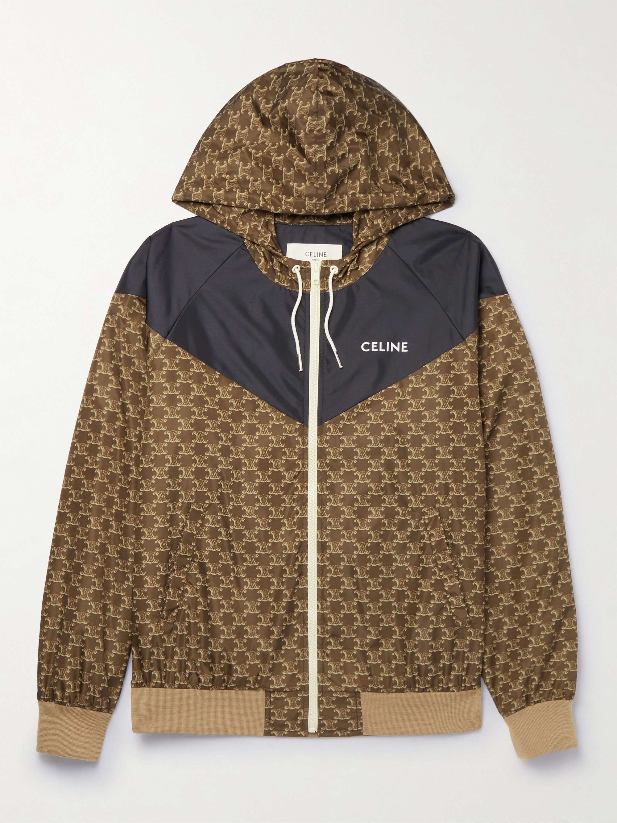 CELINE HOMME Triomphe Logo-Print Panelled Satin and Shell Hooded Track Jacket