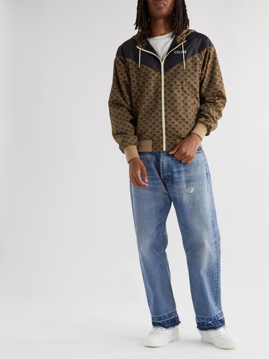 Celine Triomphe Logo-print Panelled Satin And Shell Hooded Track Jacket In Brown