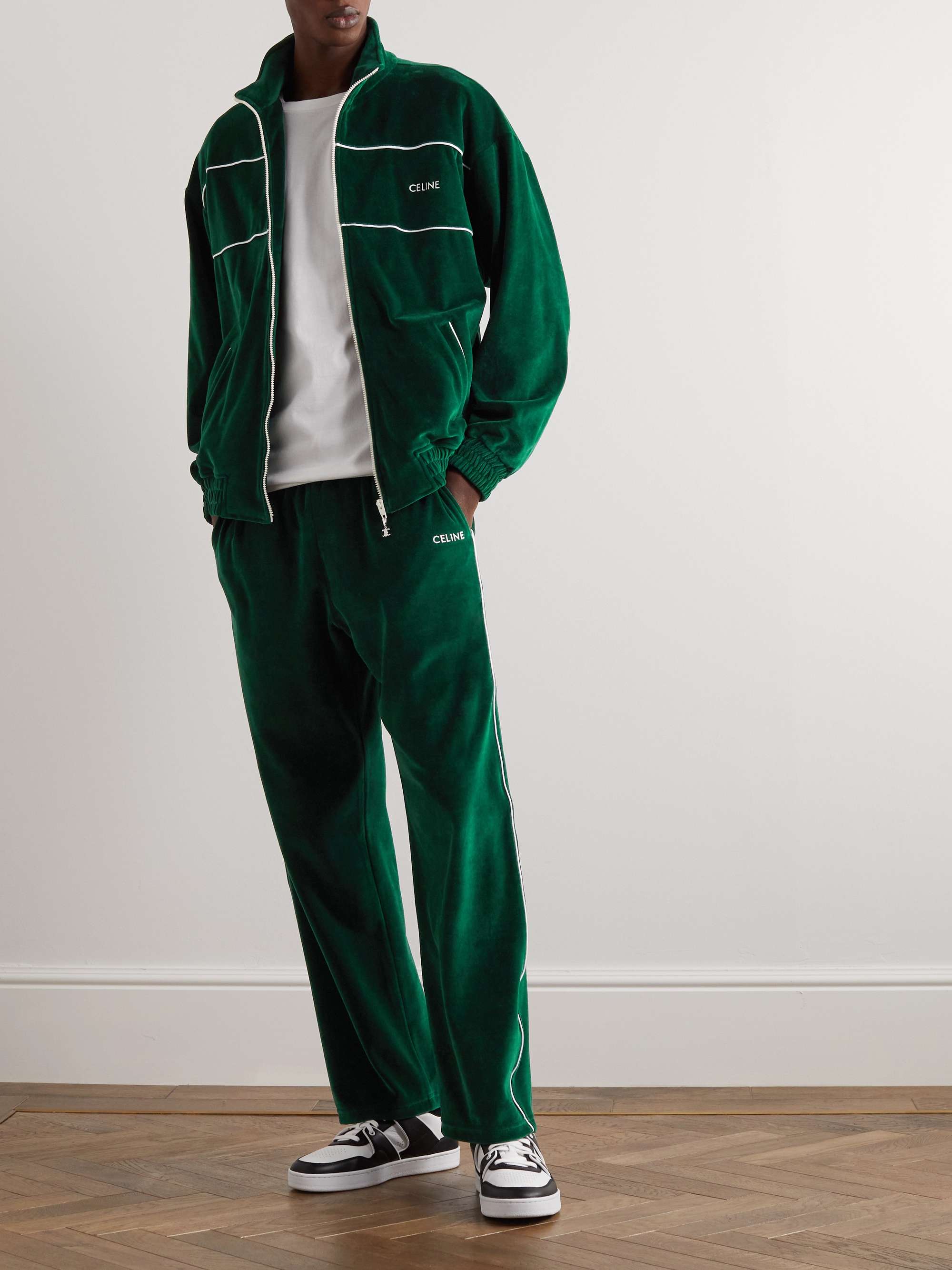 CELINE HOMME Straight-Leg Logo-Embroidered Velour Track Pants