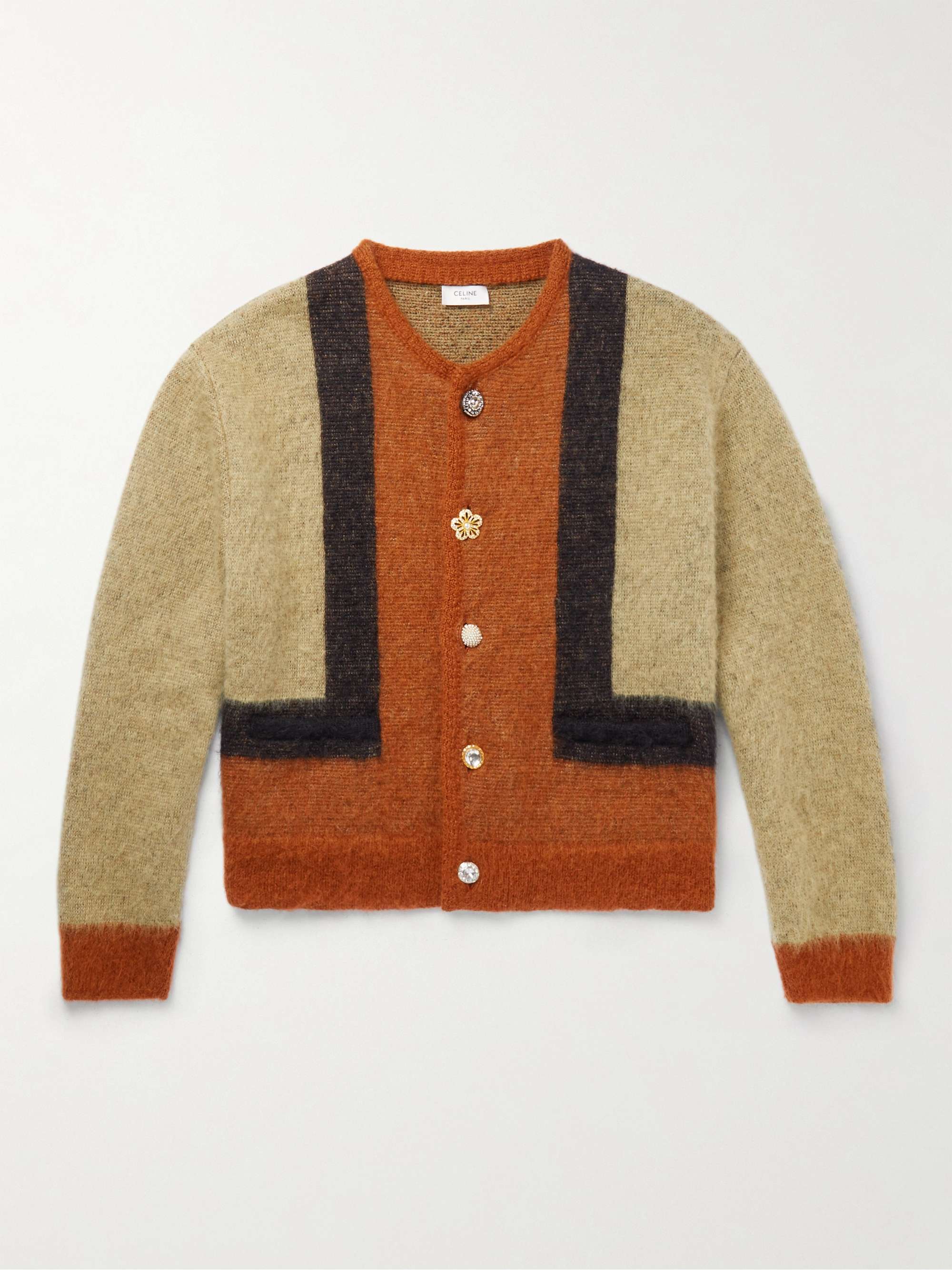 CELINE HOMME Slim-Fit Embellished Colour-Block Mohair-Blend Cardigan