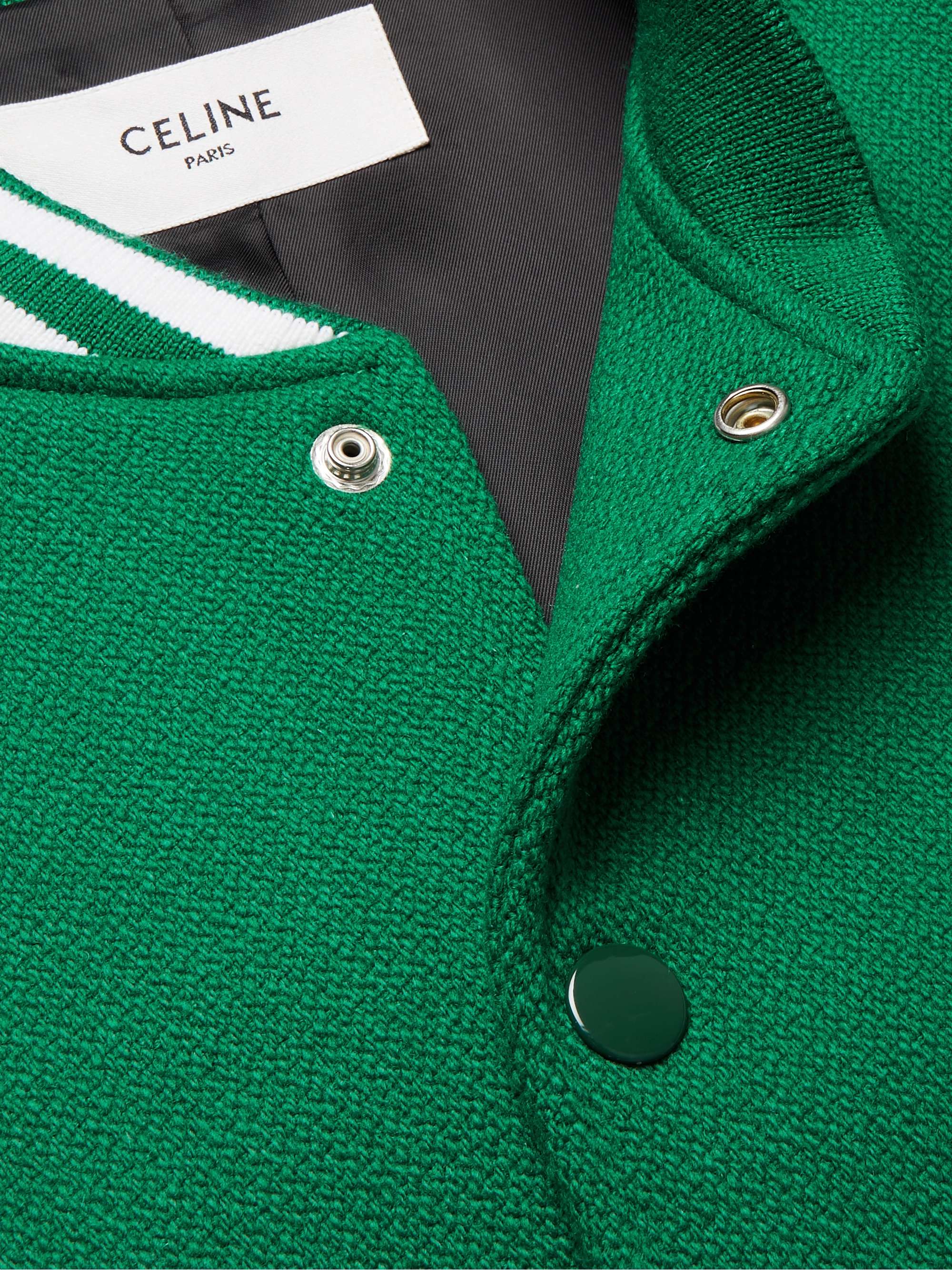 CELINE HOMME Teddy Appliquéd Virgin Wool-Blend and Leather Varsity Jacket