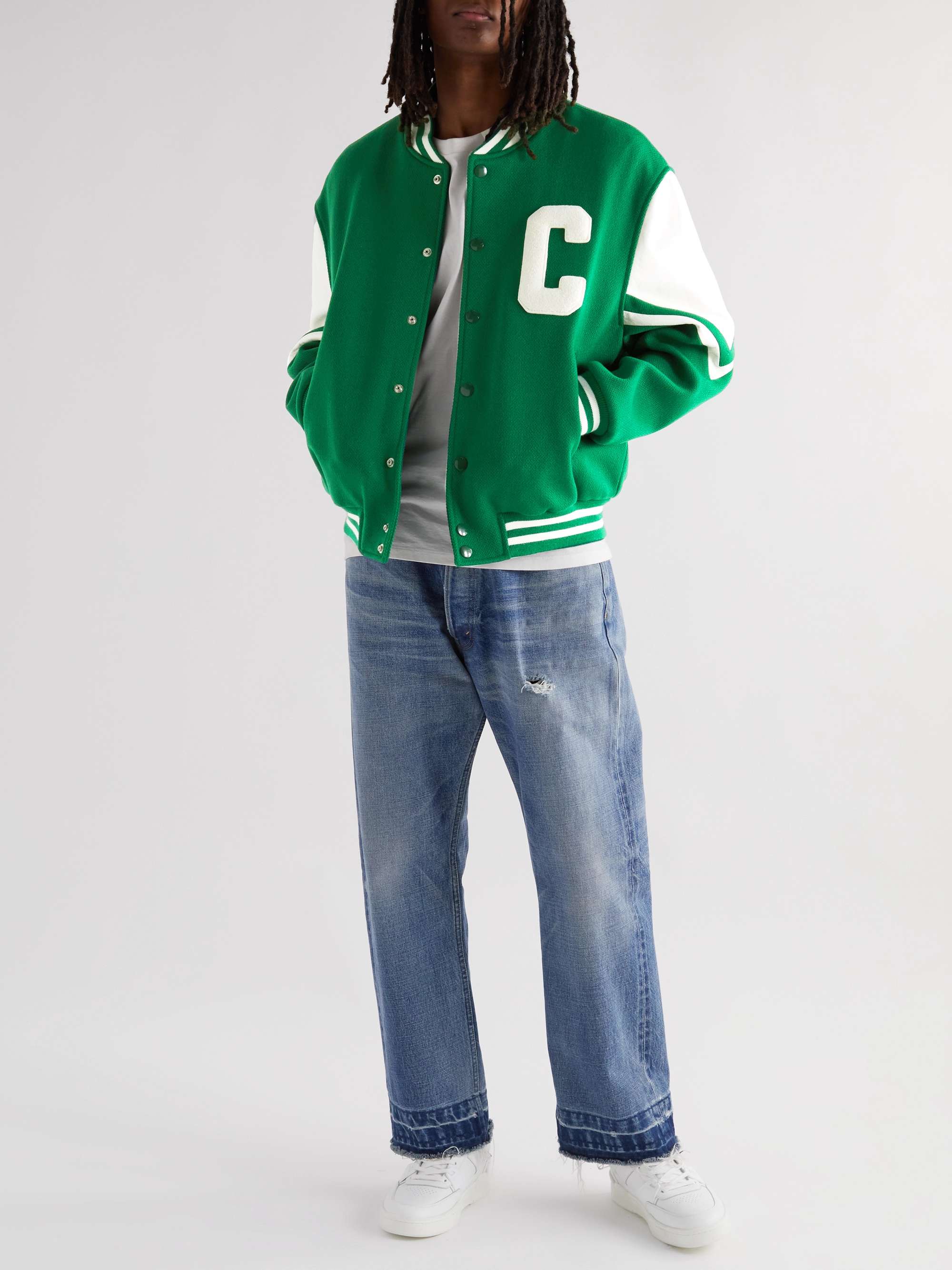 Celine Homme Teddy Appliquéd Virgin Wool-Blend and Leather Varsity Jacket - Men - Green Coats and Jackets - S