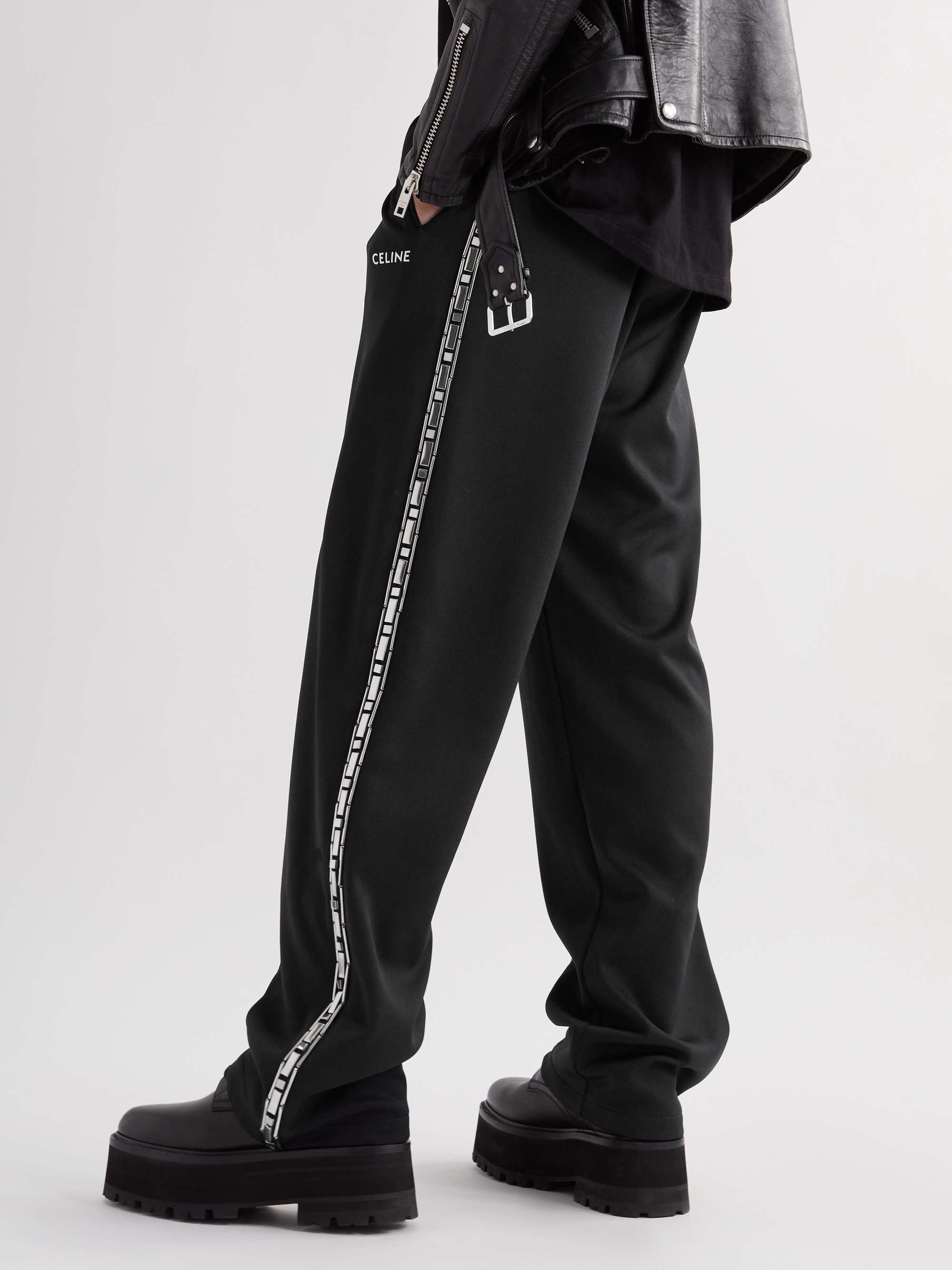 CELINE HOMME Straight-Leg Embellished Logo-Print Jersey Sweatpants
