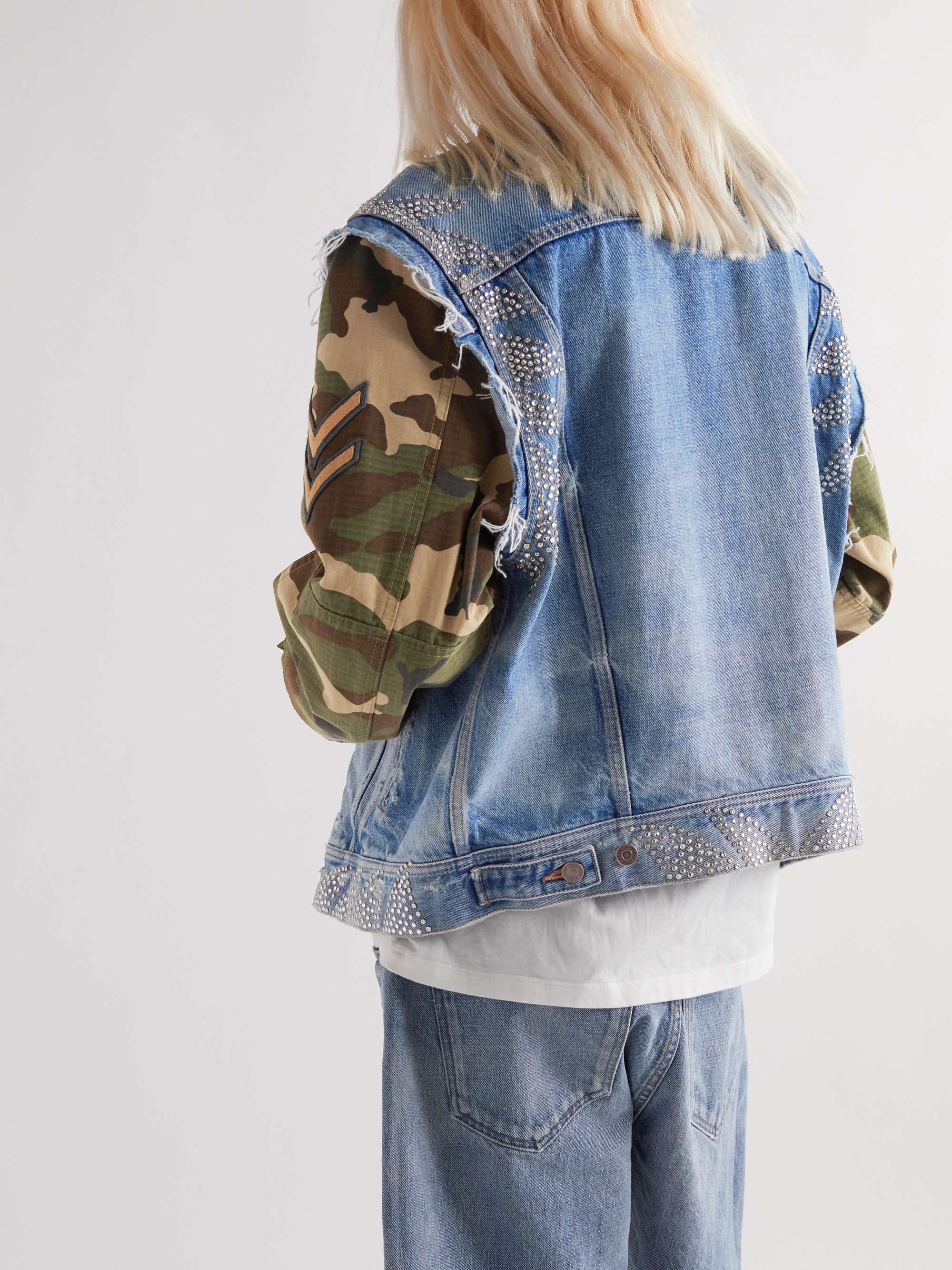 CELINE HOMME Jacke aus Denim mit Distressed-Details und Verzierung sowie Ripstop mit Camouflage-Print