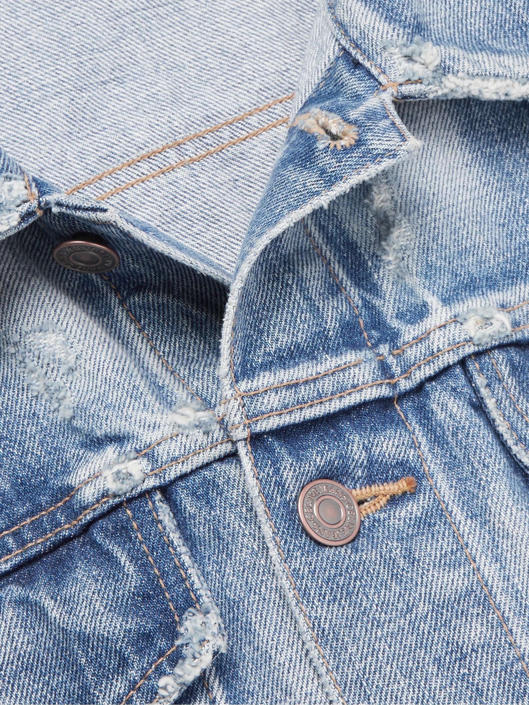 CELINE HOMME Jacke aus Denim mit Distressed-Details und Verzierung sowie Ripstop mit Camouflage-Print