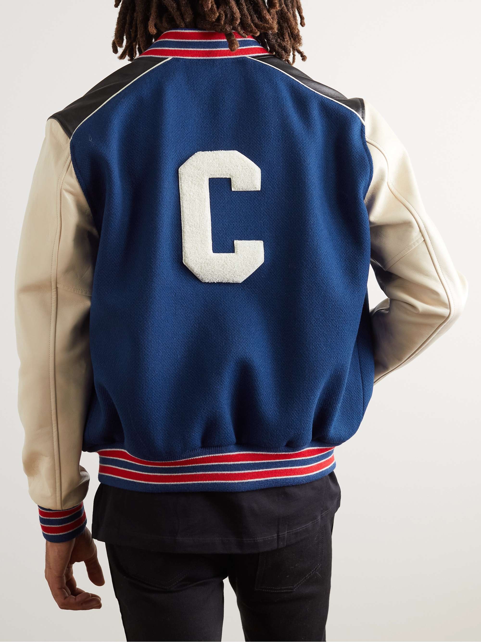 CELINE HOMME Logo-Appliquéd Wool-Blend and Leather Varsity Jacket