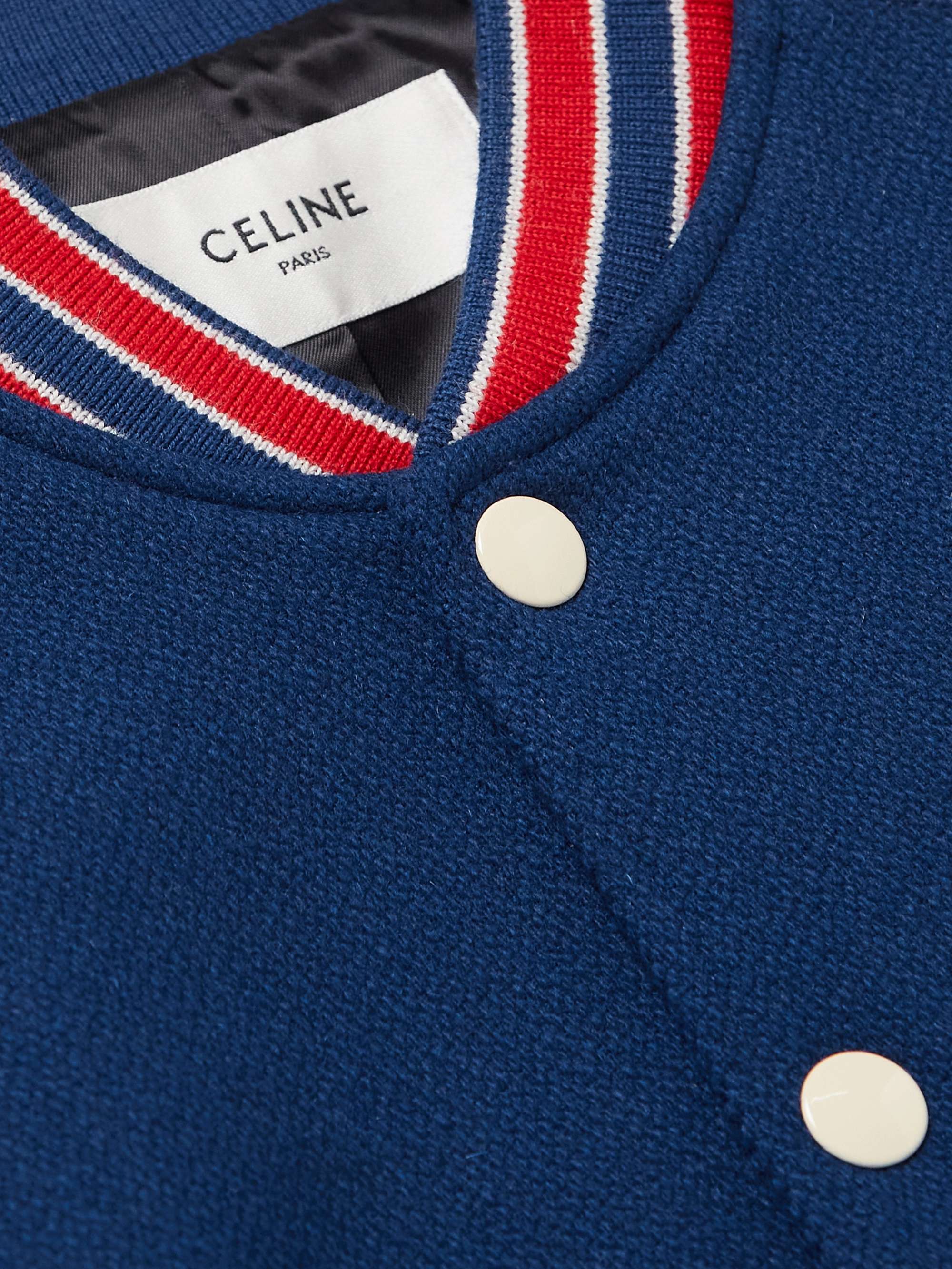 CELINE HOMME Logo-Appliquéd Wool-Blend and Leather Varsity Jacket