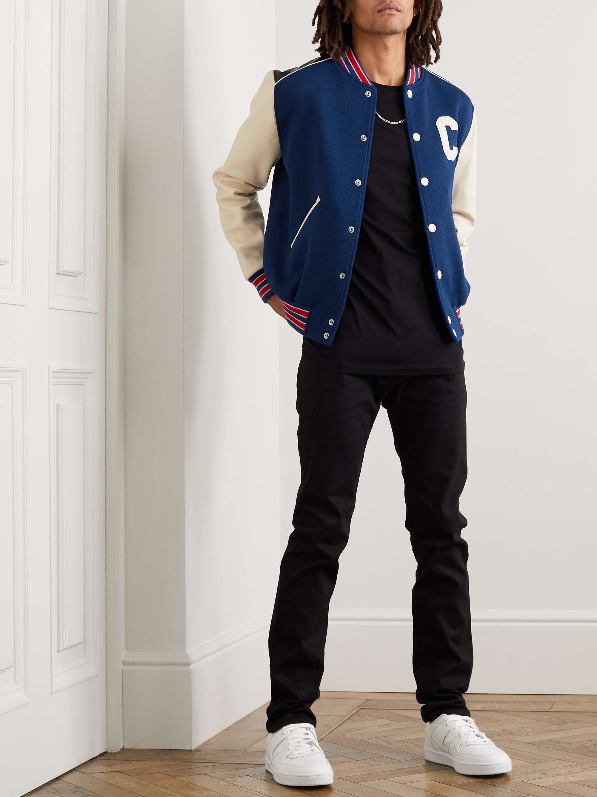CELINE HOMME Logo-Appliquéd Wool-Blend and Leather Varsity Jacket