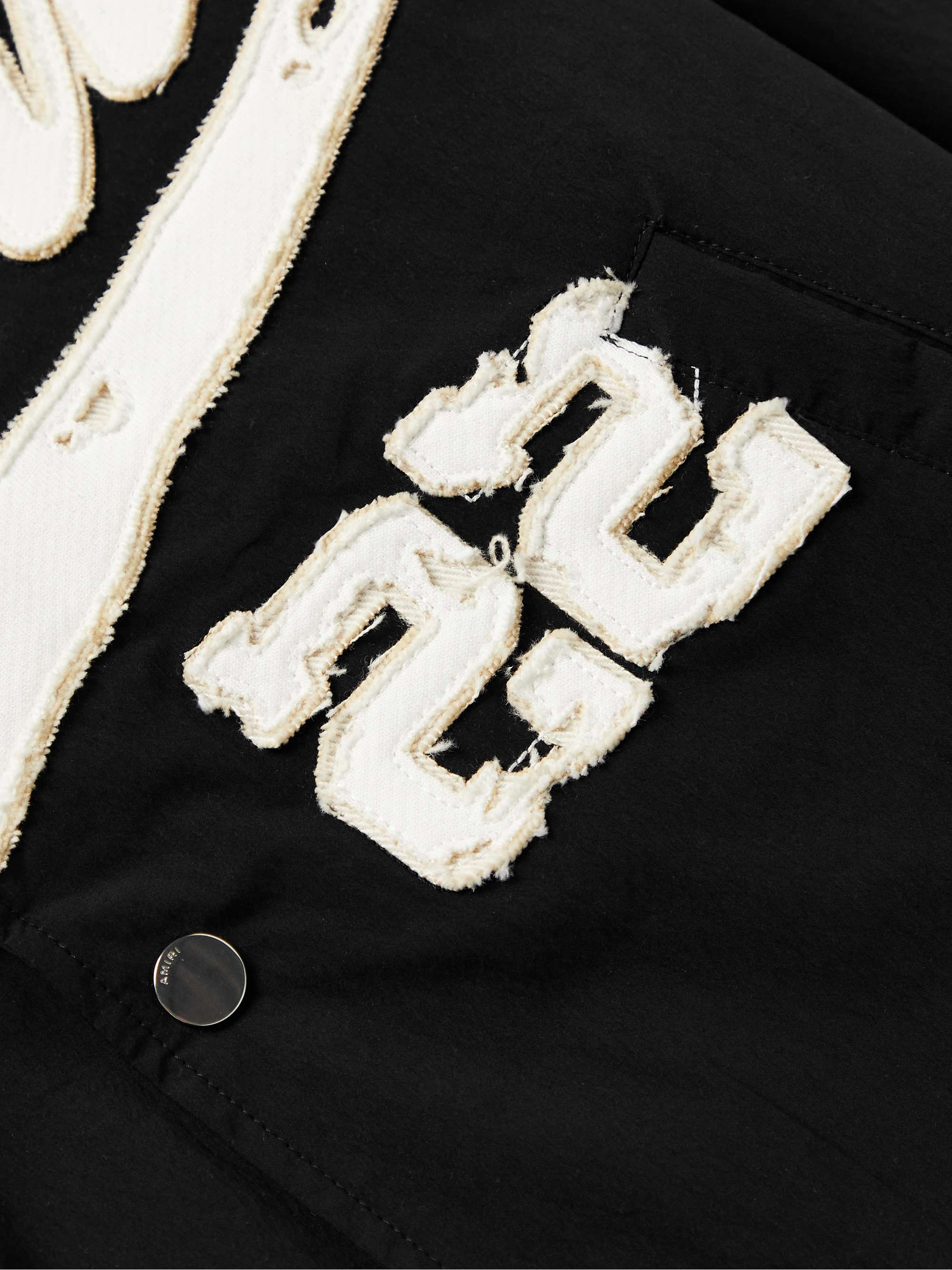 AMIRI Distressed Logo-Appliquéd Cotton-Blend Bomber Jacket