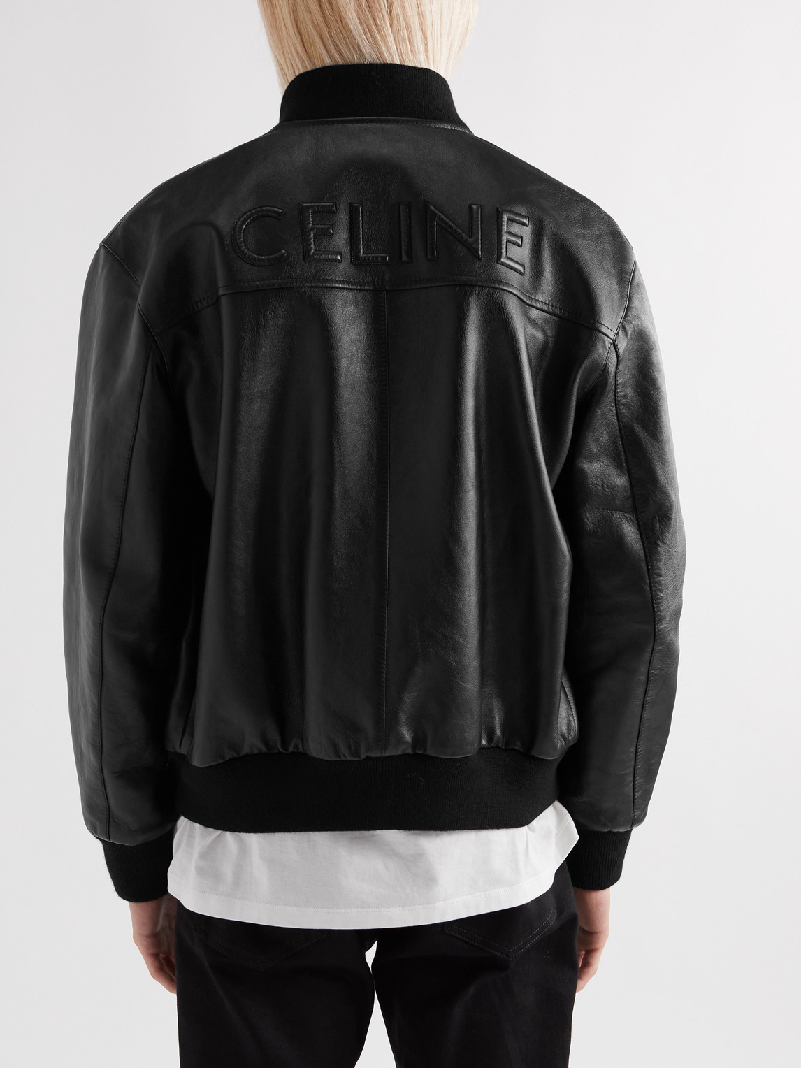 Celine Logo-embossed Leather Bomber Jacket In Black