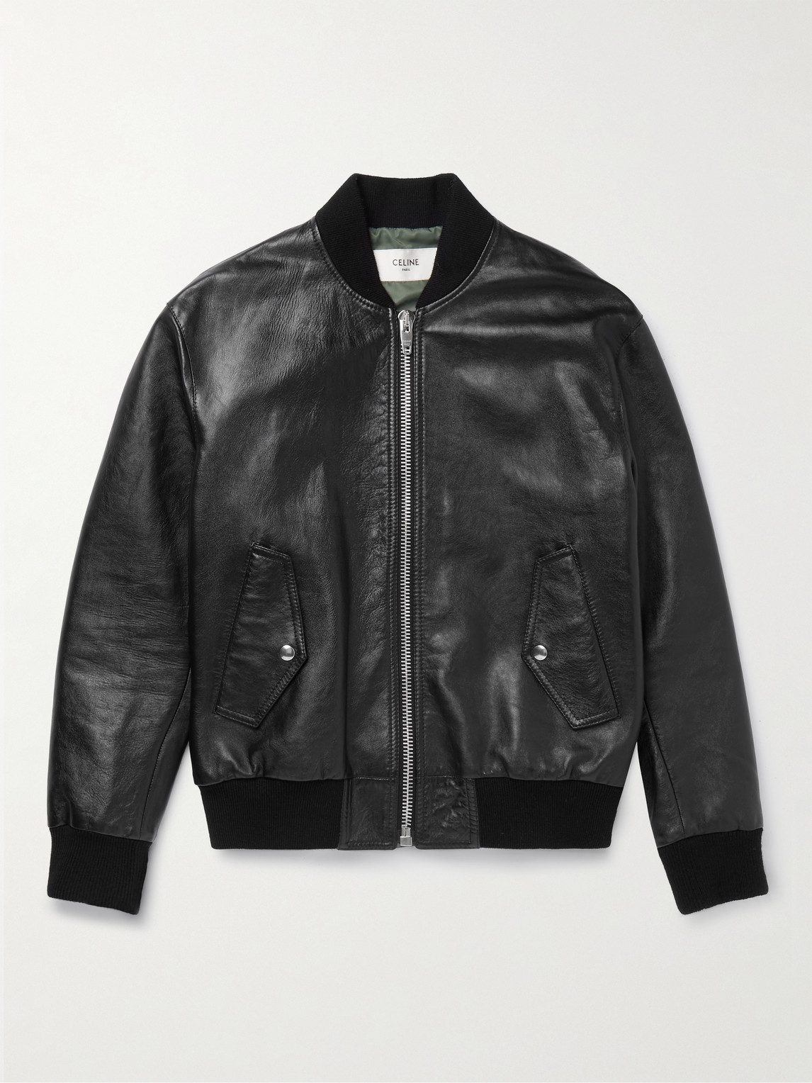 Celine Logo-embossed Leather Bomber Jacket In Black