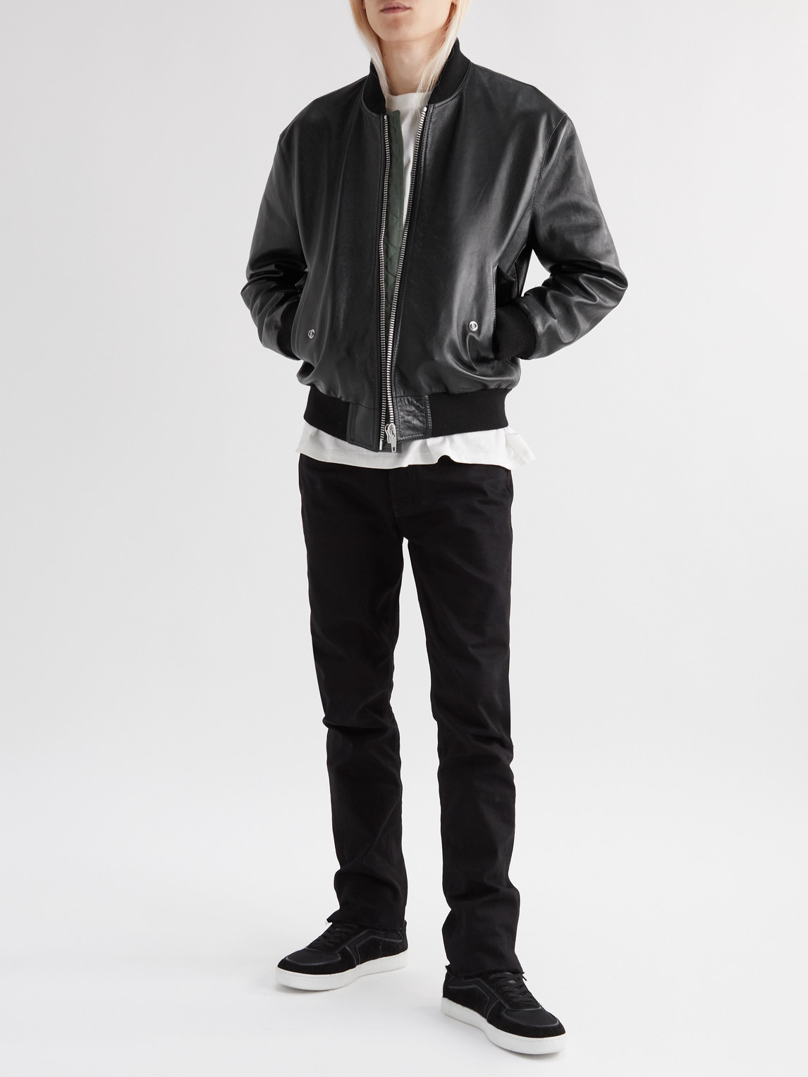Celine Logo-embossed Leather Bomber Jacket In Black