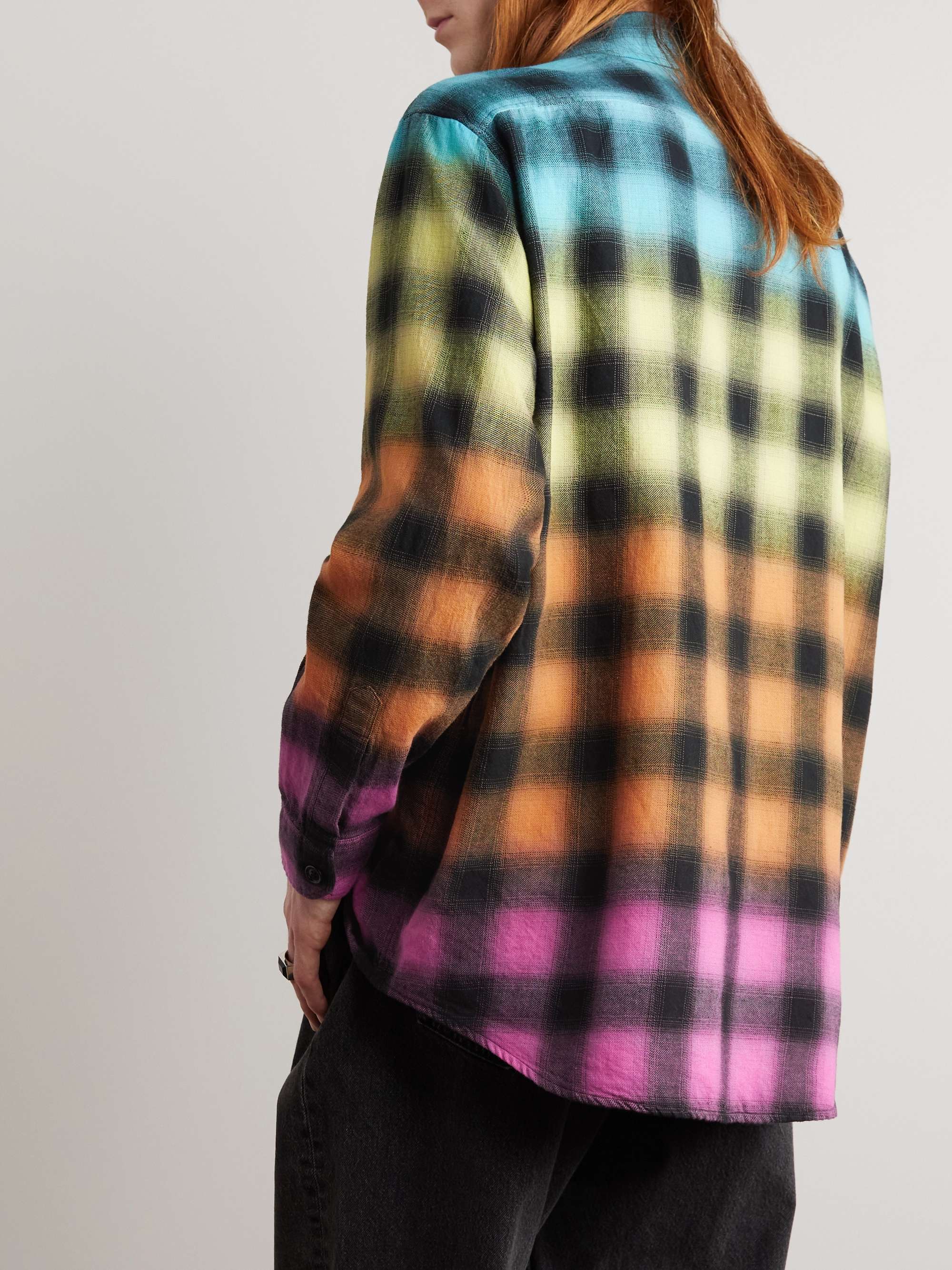 CELINE HOMME Tie-Dyed Checked Cotton-Blend Flannel Shirt