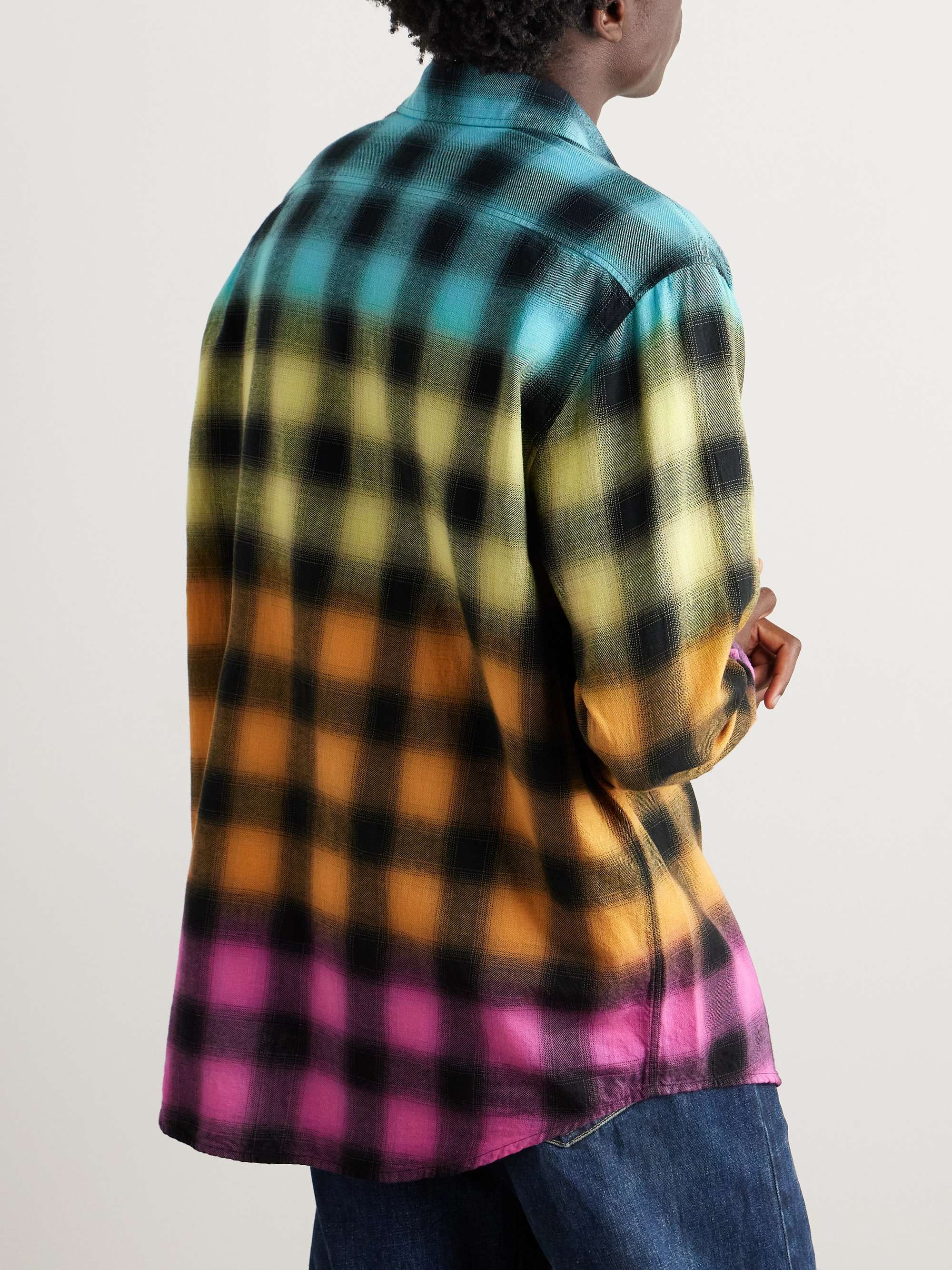 CELINE HOMME Tie-Dyed Checked Cotton-Blend Flannel Shirt