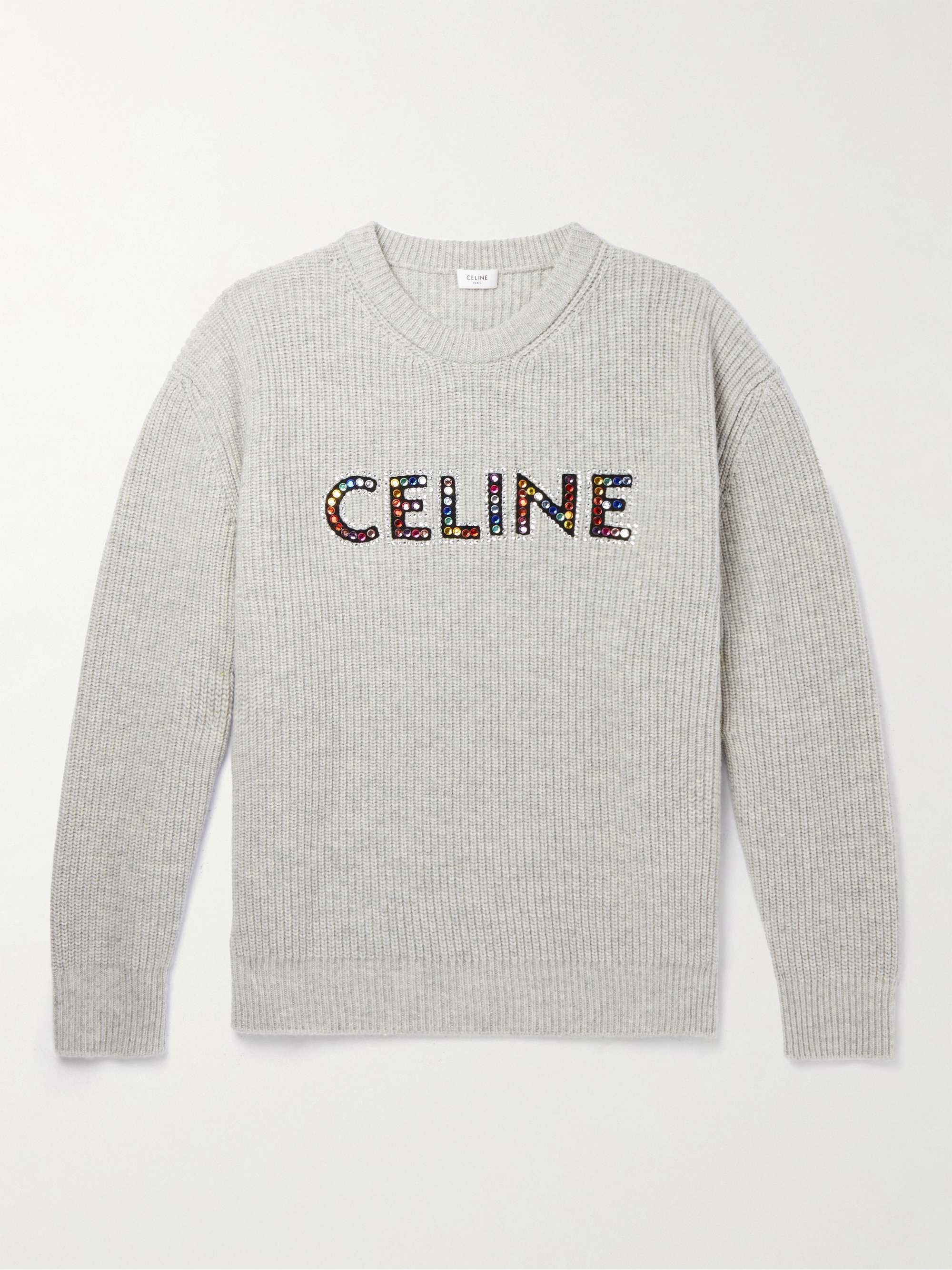 CELINE HOMME Crystal-Embellished Logo-Appliqued Wool Sweater