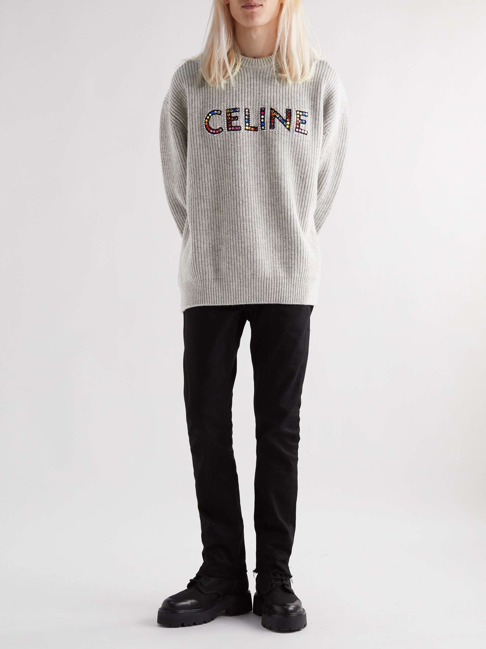 CELINE HOMME Crystal-Embellished Logo-Appliquéd Wool Sweater
