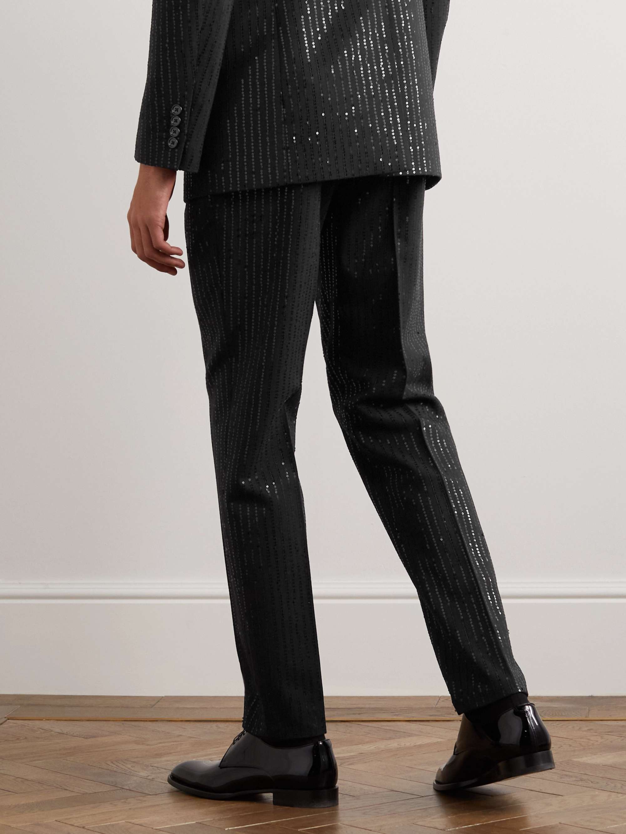 CELINE HOMME Straight-Leg Striped Sequin-Embellished Wool Trousers