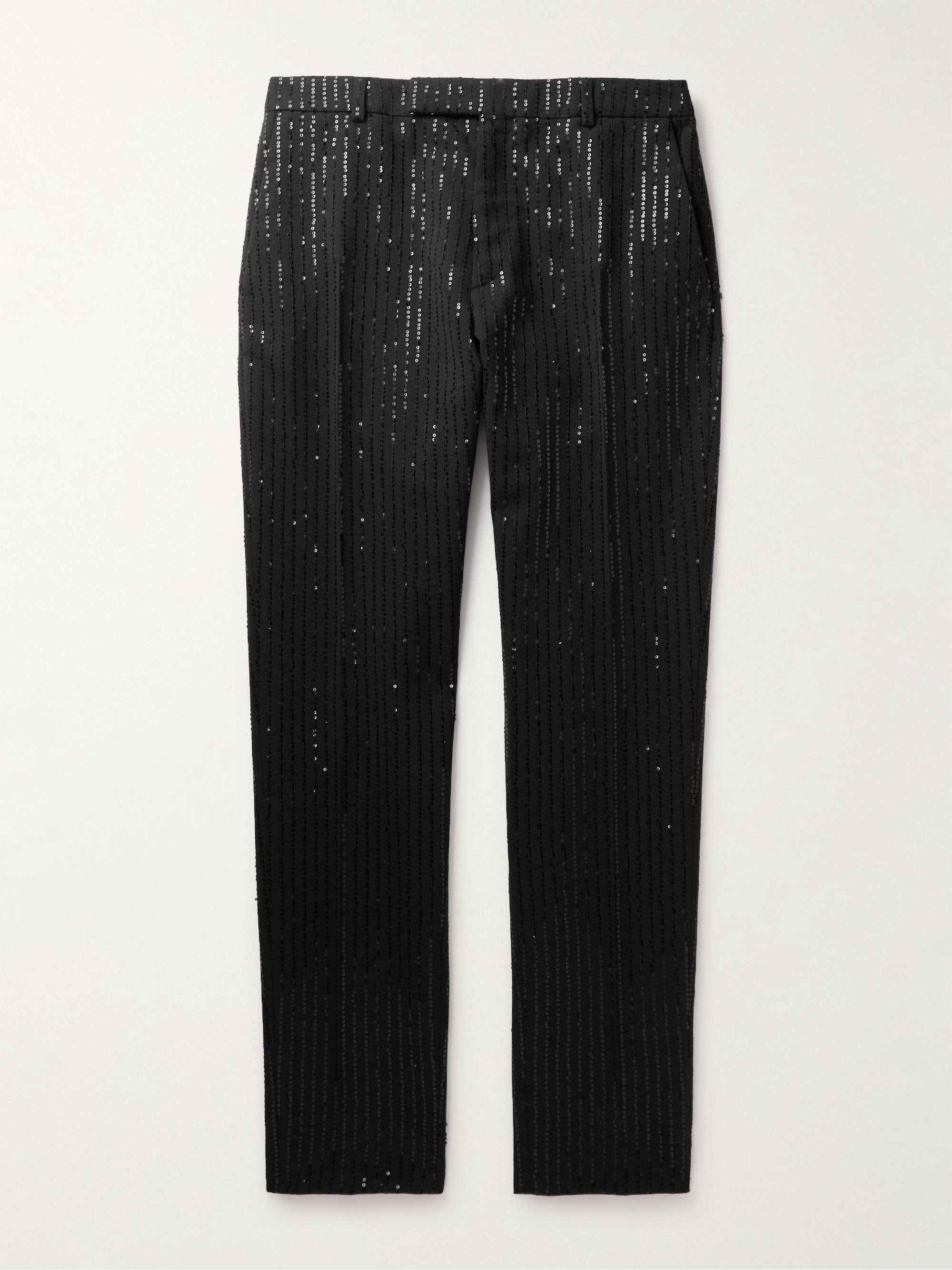 CELINE HOMME Straight-Leg Striped Sequin-Embellished Wool Trousers