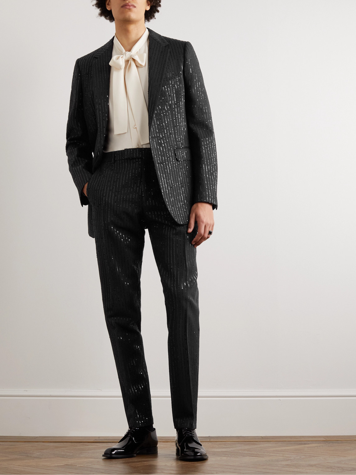 Straight-Leg Striped Sequin-Embellished Wool Trousers — 2