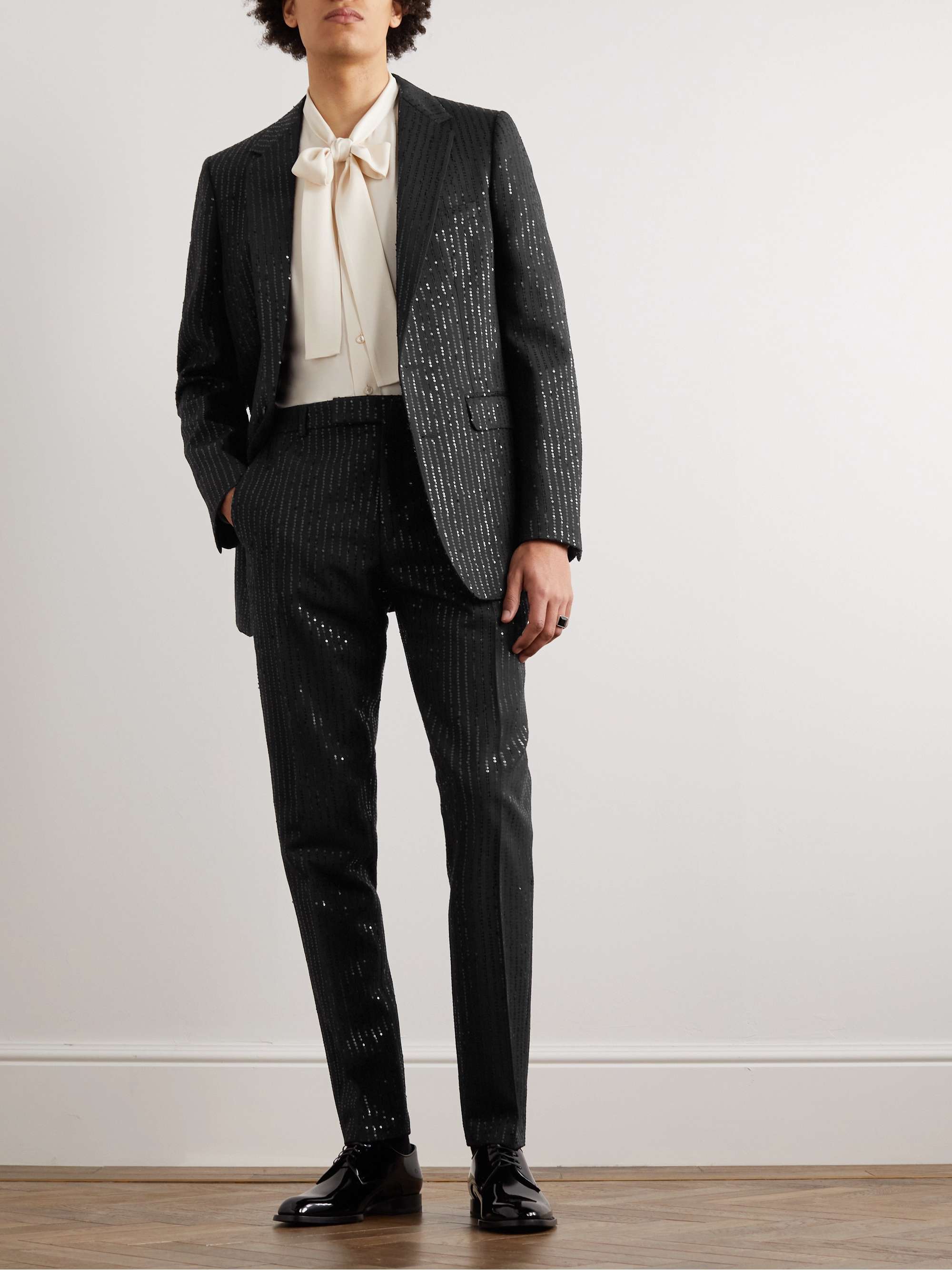 CELINE HOMME Straight-Leg Striped Sequin-Embellished Wool Trousers