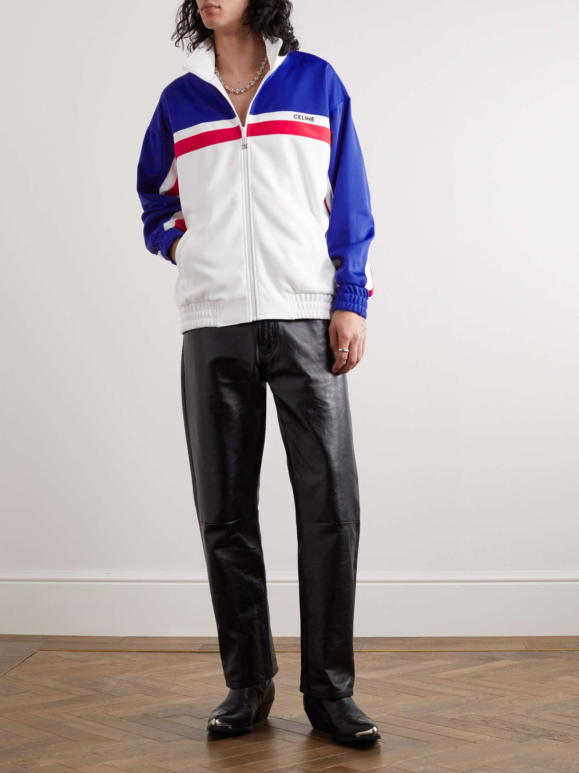 CELINE HOMME Logo-Embroidered Striped Jersey Track Jacket