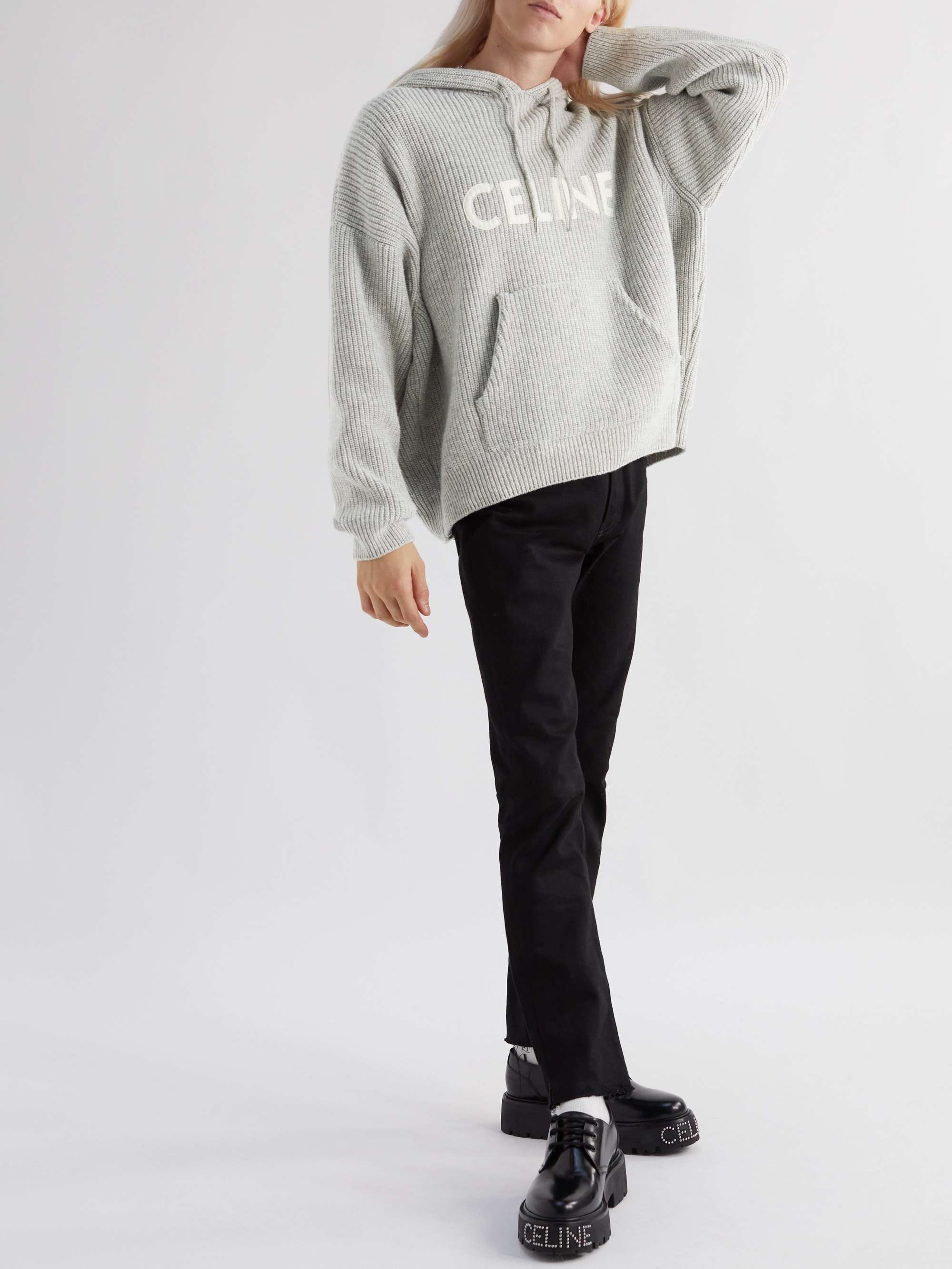 CELINE HOMME Logo-Appliquéd Ribbed Wool Hoodie for Men | MR PORTER